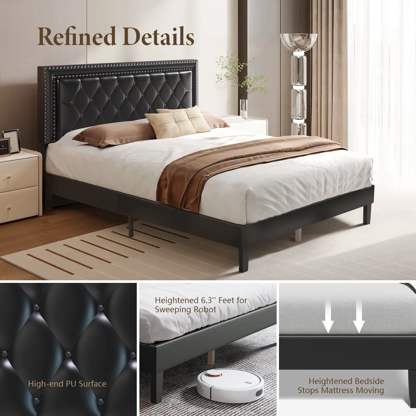 moobody Full Bed Frame with Headboard Adjustable, Full Size Platform Bed Frame PU Leather Upholstered, Heavy Duty Wooden Slats, Easy Assembly, No Box Spring Needed, Button & Nailhead Trim