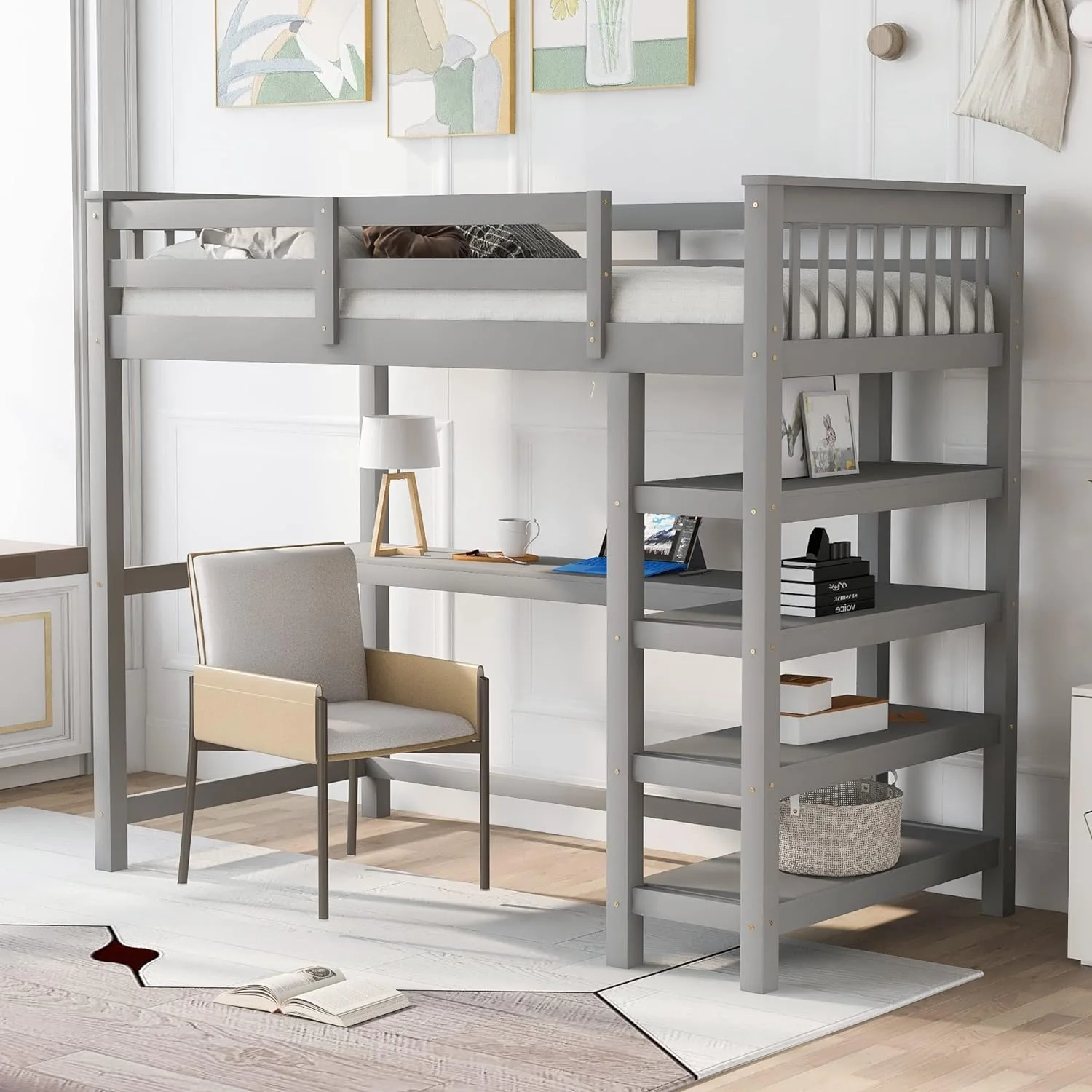 Size Loft Bed With Desk Ad Storage Shelves, Solid Wood Loft Bed Frame With Ladder Ad Guardrail For Kids Tees Adults - Gray