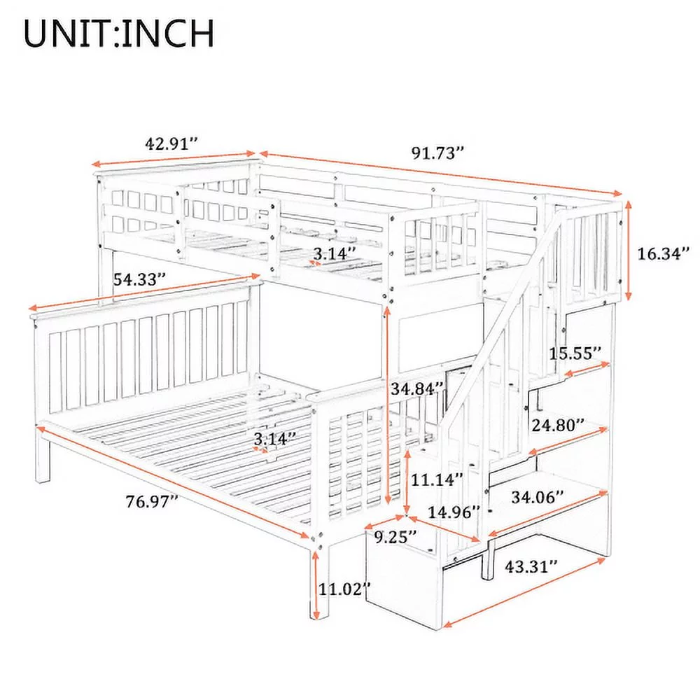 Twin Over Full Bunk Bed with Stairs Storage & Guardrails, Wood Detachable Bunkbed with 2 Drawers and Shelf for Kids Teens Adults Bedroom