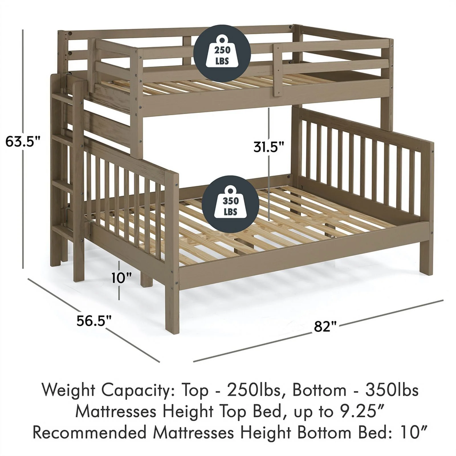 My Bed Now Acadia Twin-over-Full Solid Wood Bunk Bed with Ladder in Slate Brown