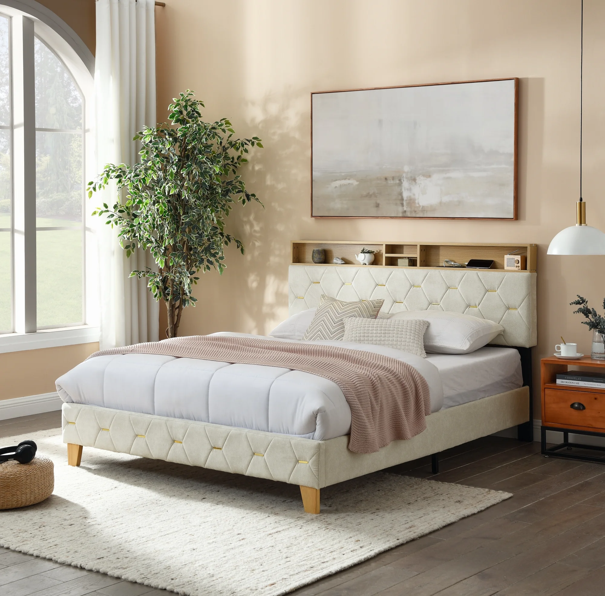 Upholstered Bed 160 x 200 cm with USB and Storage Headboard, Double Bed with Slatted Frame and Bed Box, Youth Bed, Family Bed with Linen Upholstery