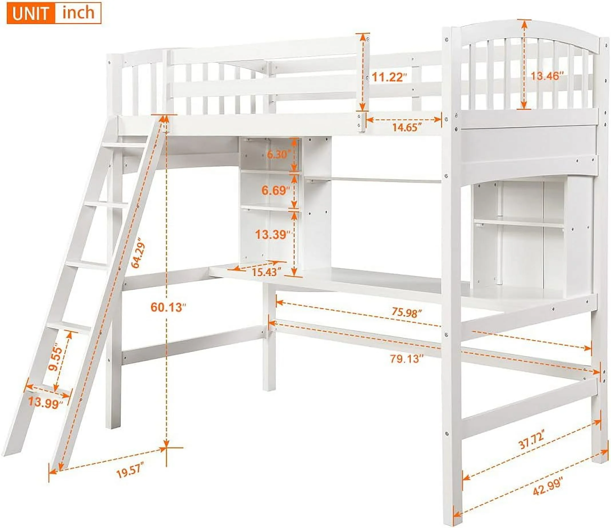 Loft Beds With Desk And Shelves, Wood Bunk Beds With Desk, No Box Spring Needed (White, )