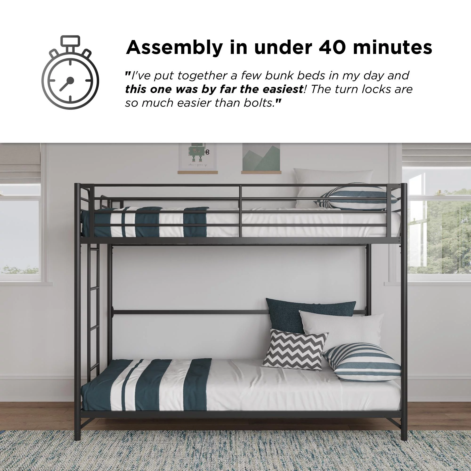 DHP Daven Easy Assembly Twin-over-Twin Metal Bunk Bed, Black