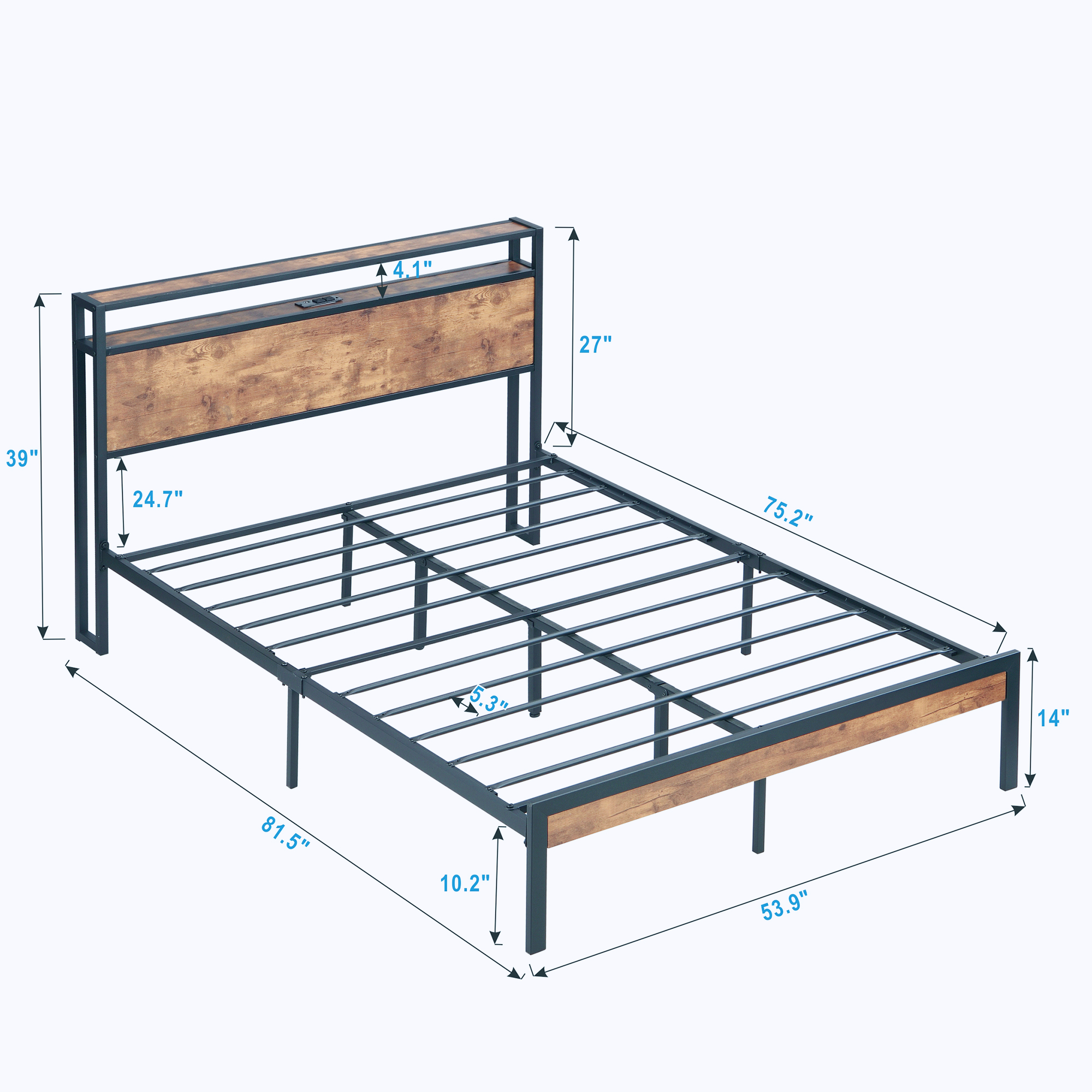 Full Size Metal Platform Bed Frame with Wooden Headboard and Footboard with USB Liner, No Box Spring Needed, Large Under Bed Storage, Easy Assemble