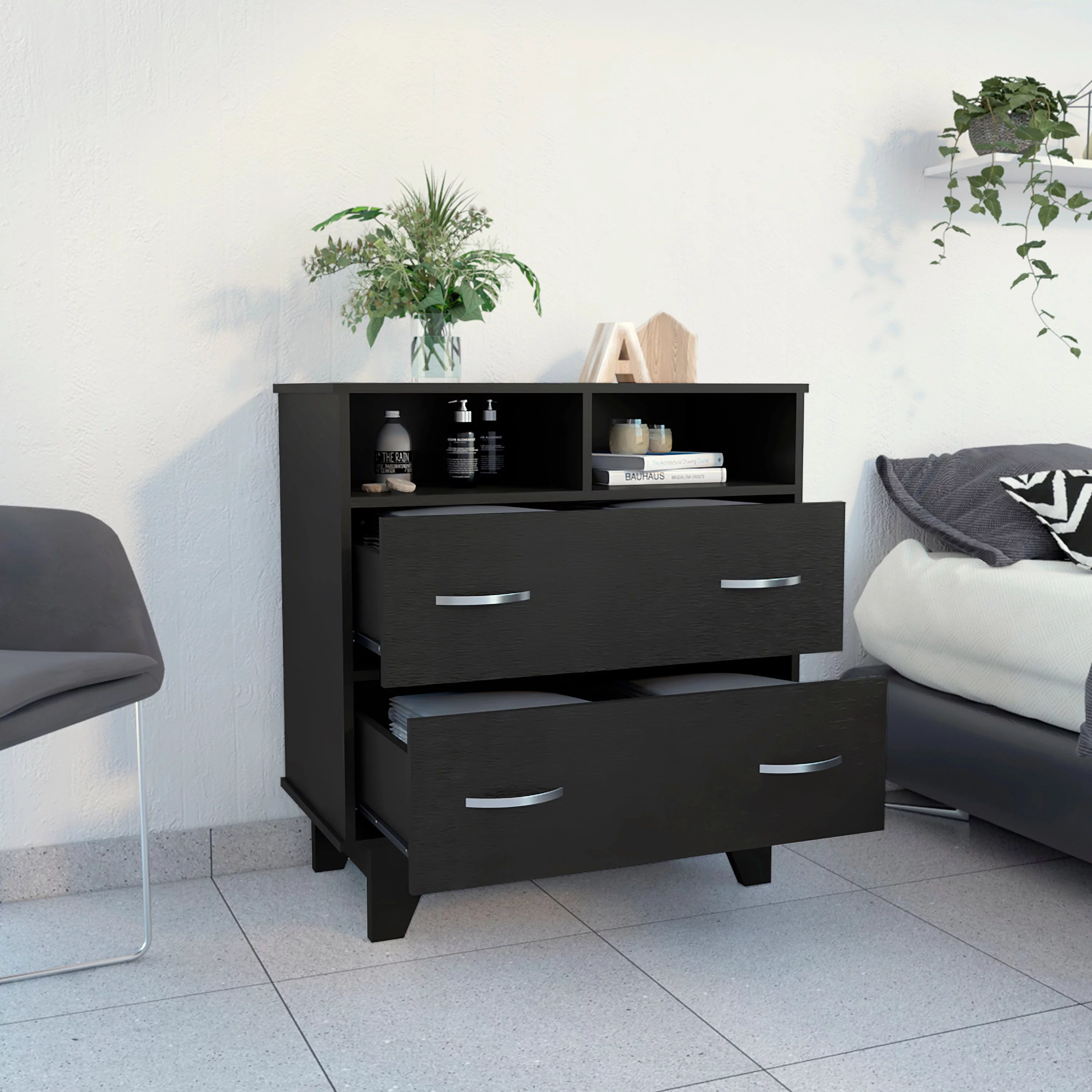Boahaus Selma Dresser, 2 Drawers and 2 Open Shelves, Black