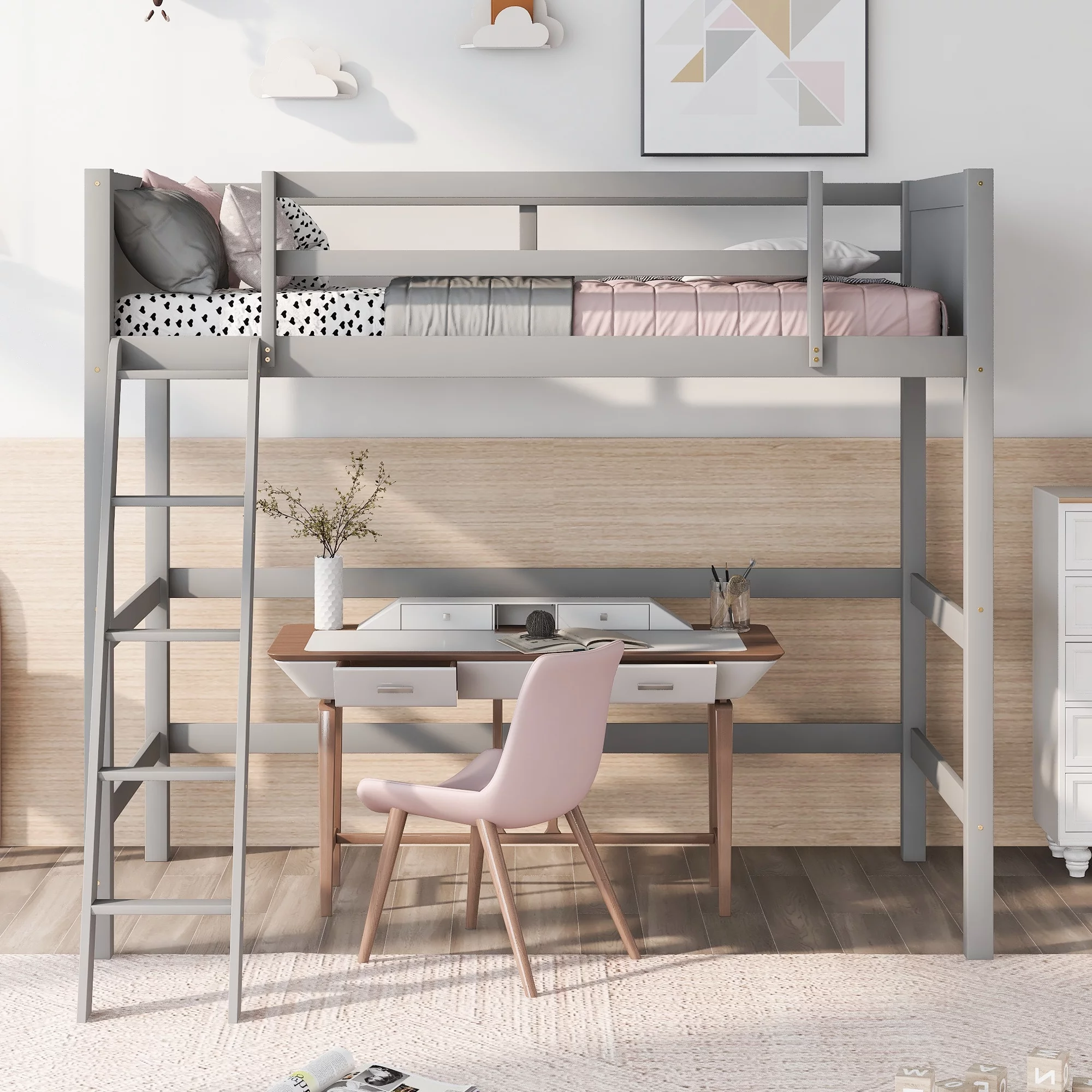 Loft Bed Twin Size, Solid Wood Twin Loft Bed Frame with Ladder and Safety Guardrails, Bedroom Furniture for Kids Teens Adults, No Box Spring Needed, Gray, L0303