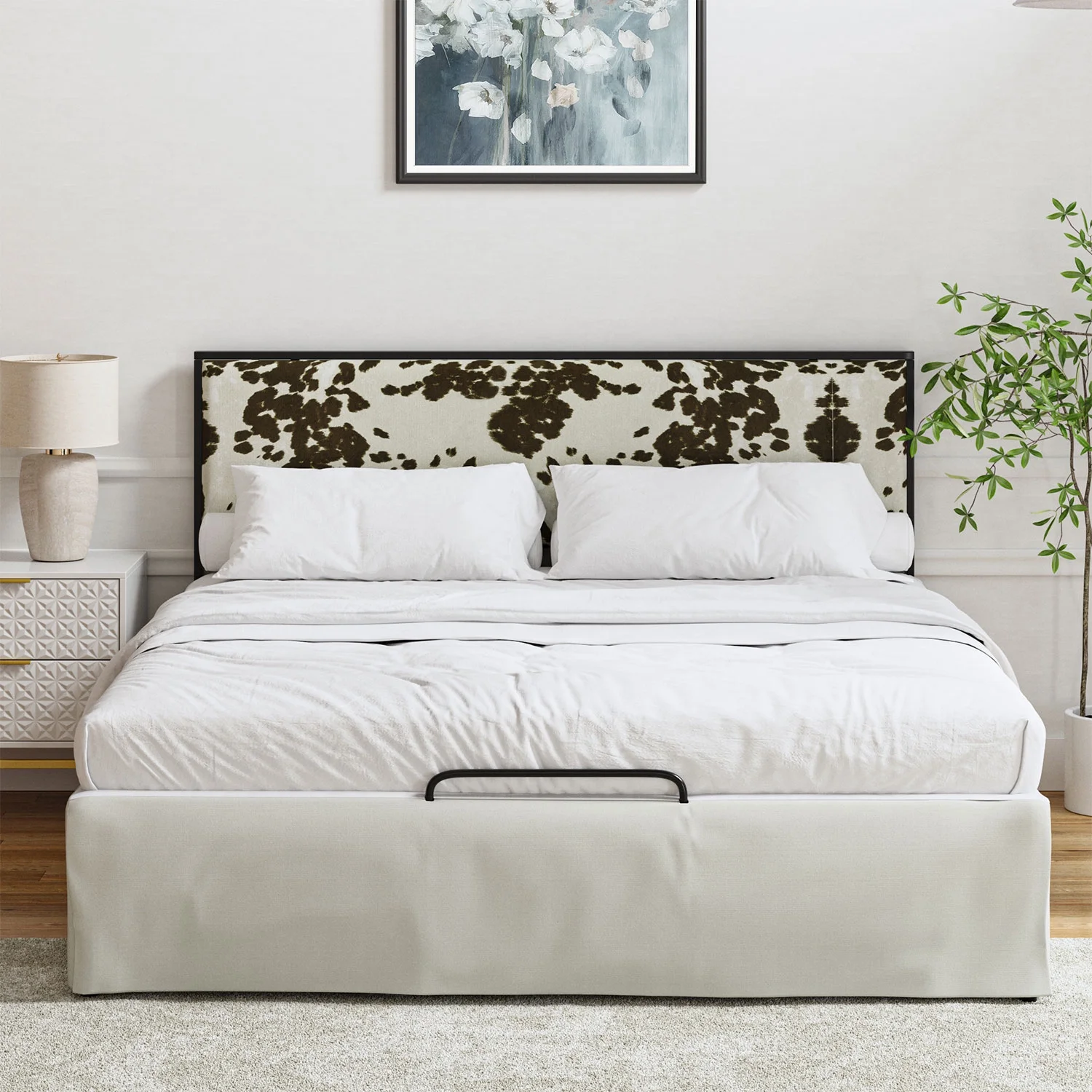 Metal Platform Bed Frame King Size with Removable Bed Covers, Machine Washable Slipcover for Headboard Footboard Bed Skirt Cowhide Pattern