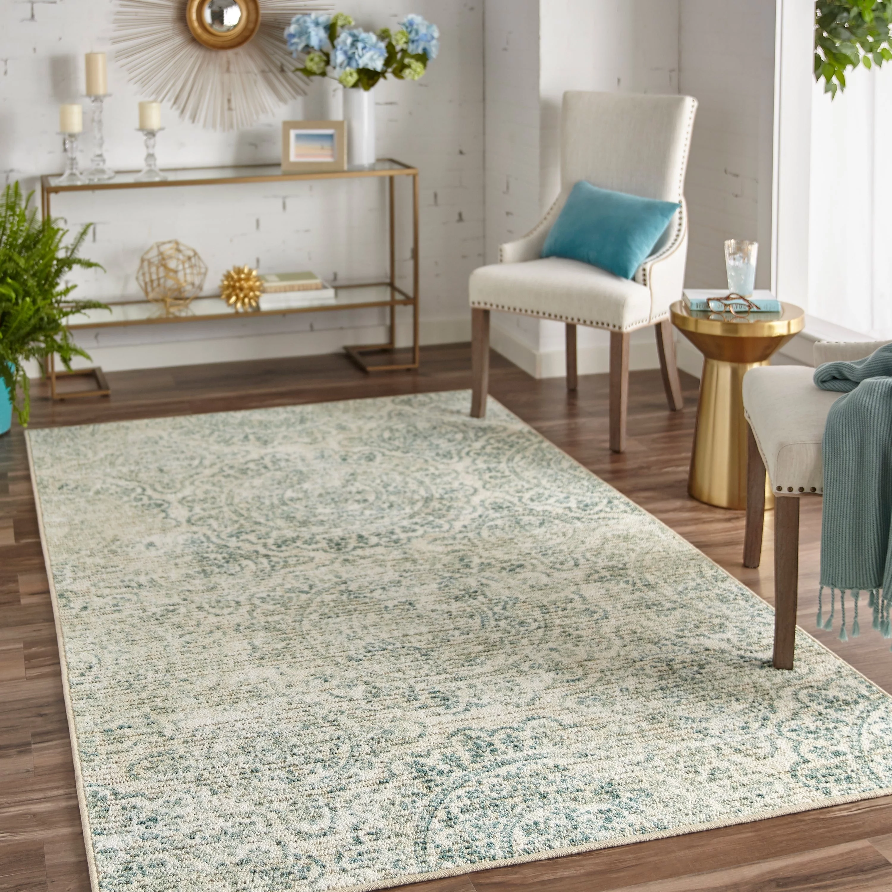 Mohawk Home Relic Morita Aqua Transitional Floral Printed Area Rug, 5'x8', Cream & Teal