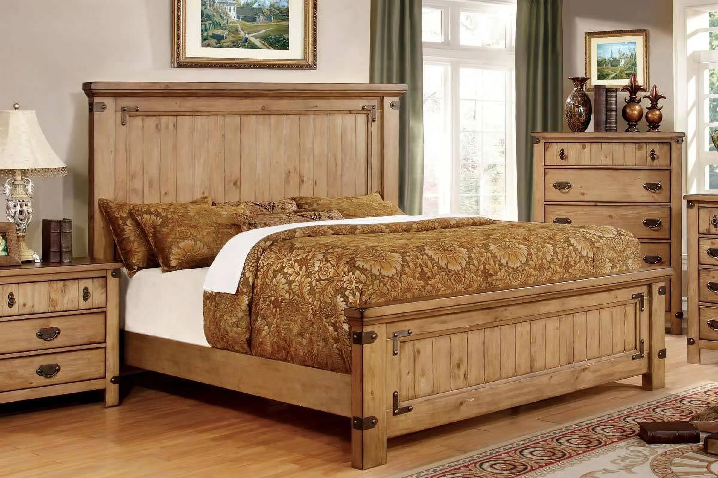 Cottage Style 1pc Eastern King Size Bed Solid wood Plank Unique Headboard Footboard Natural Weathered Elm Bed frame Bedroom
