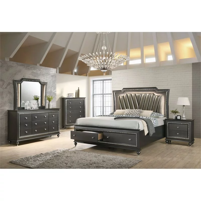 Bowery Hill King Bed with Faux Leather LED Headboard in Gray