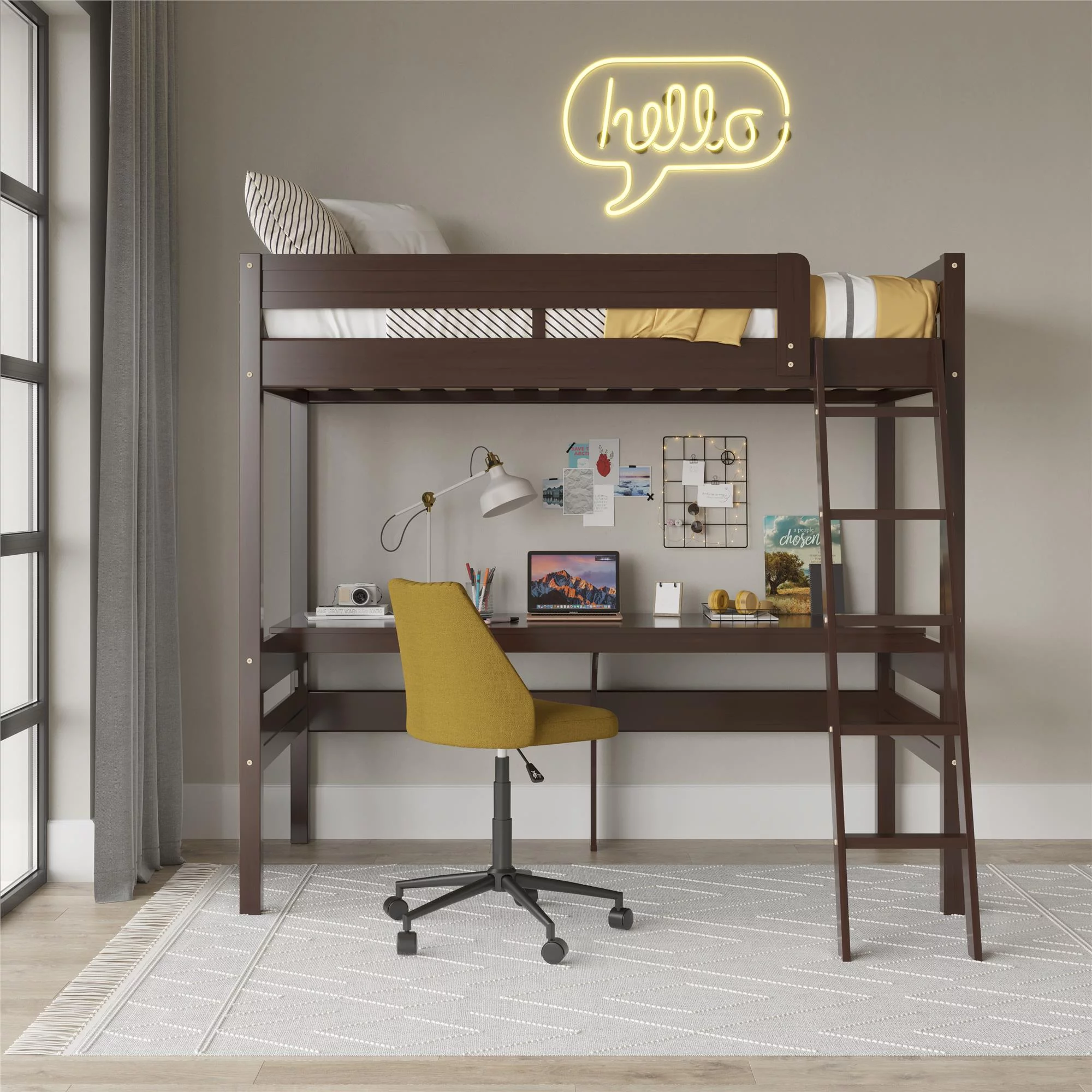 DHP Harlan Twin Size Loft Bed with Desk and Ladder, Espresso