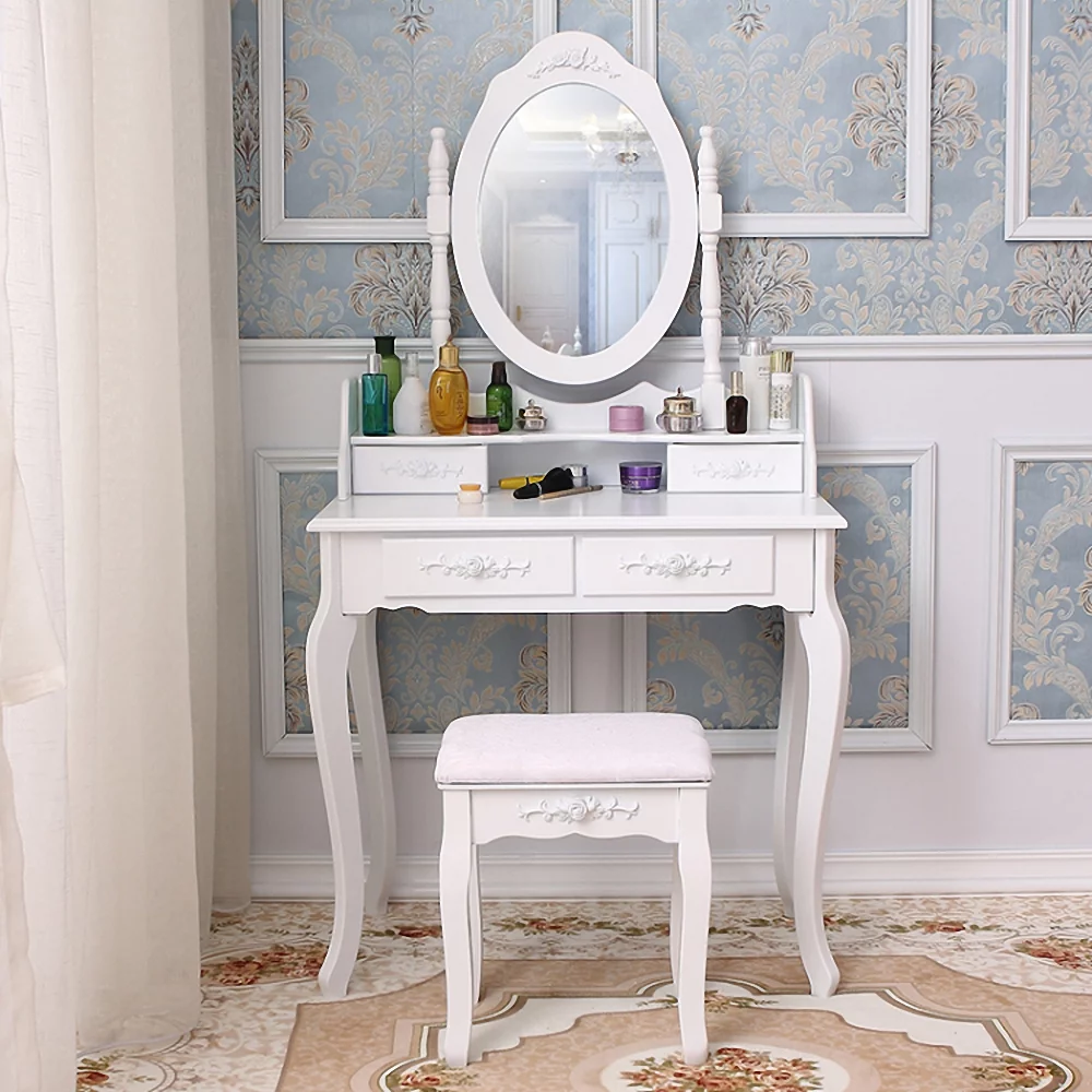 GoDecor Vanity Table Desk,Makeup Dressing Table with Oval Mirror,Bedroom Vanity Set w/Cushioned Stool 4 Drawers Women Girls Kids