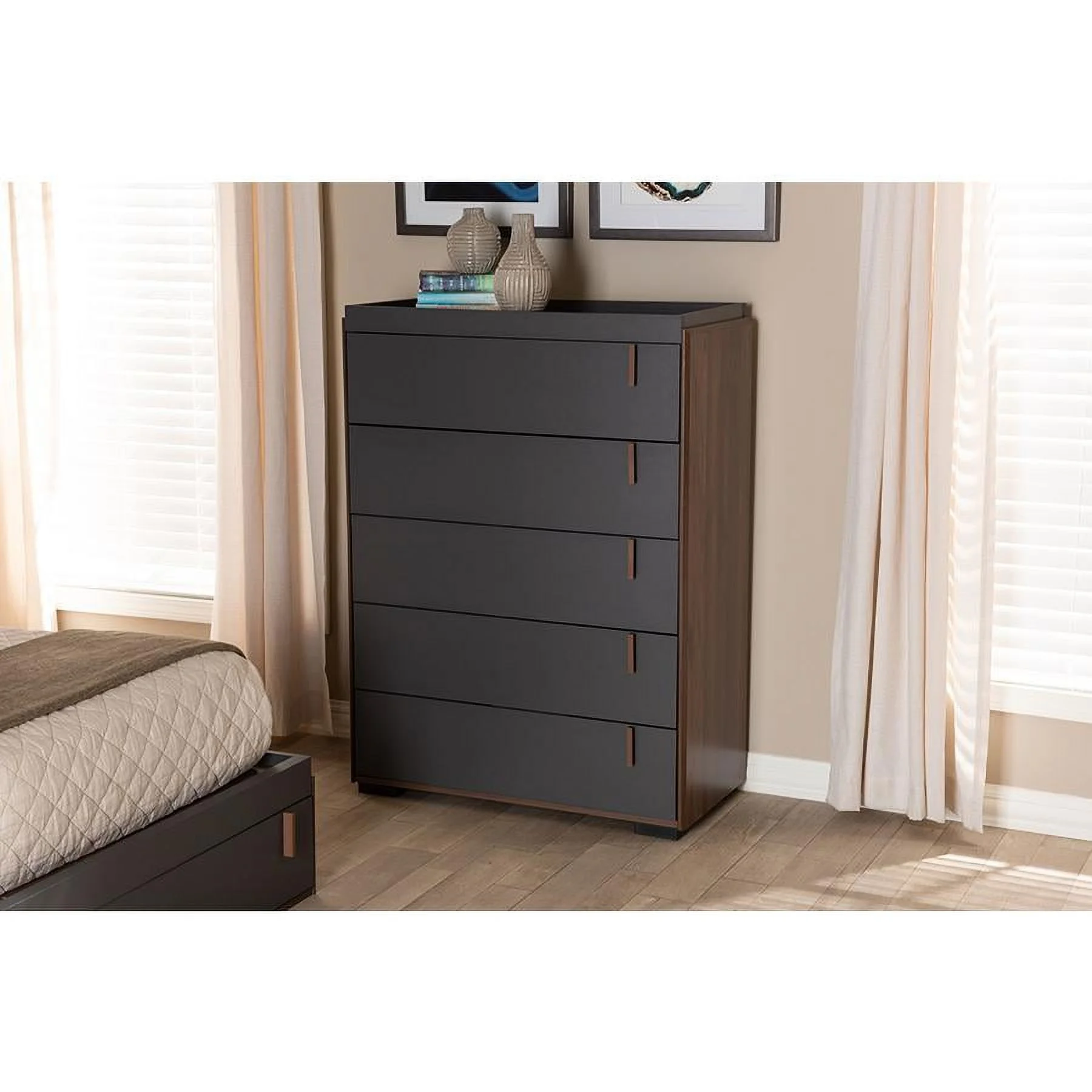 Baxton Studio Rikke Modern and Contemporary Two-Tone Gray and Walnut Finished Wood 5-Drawer Chest