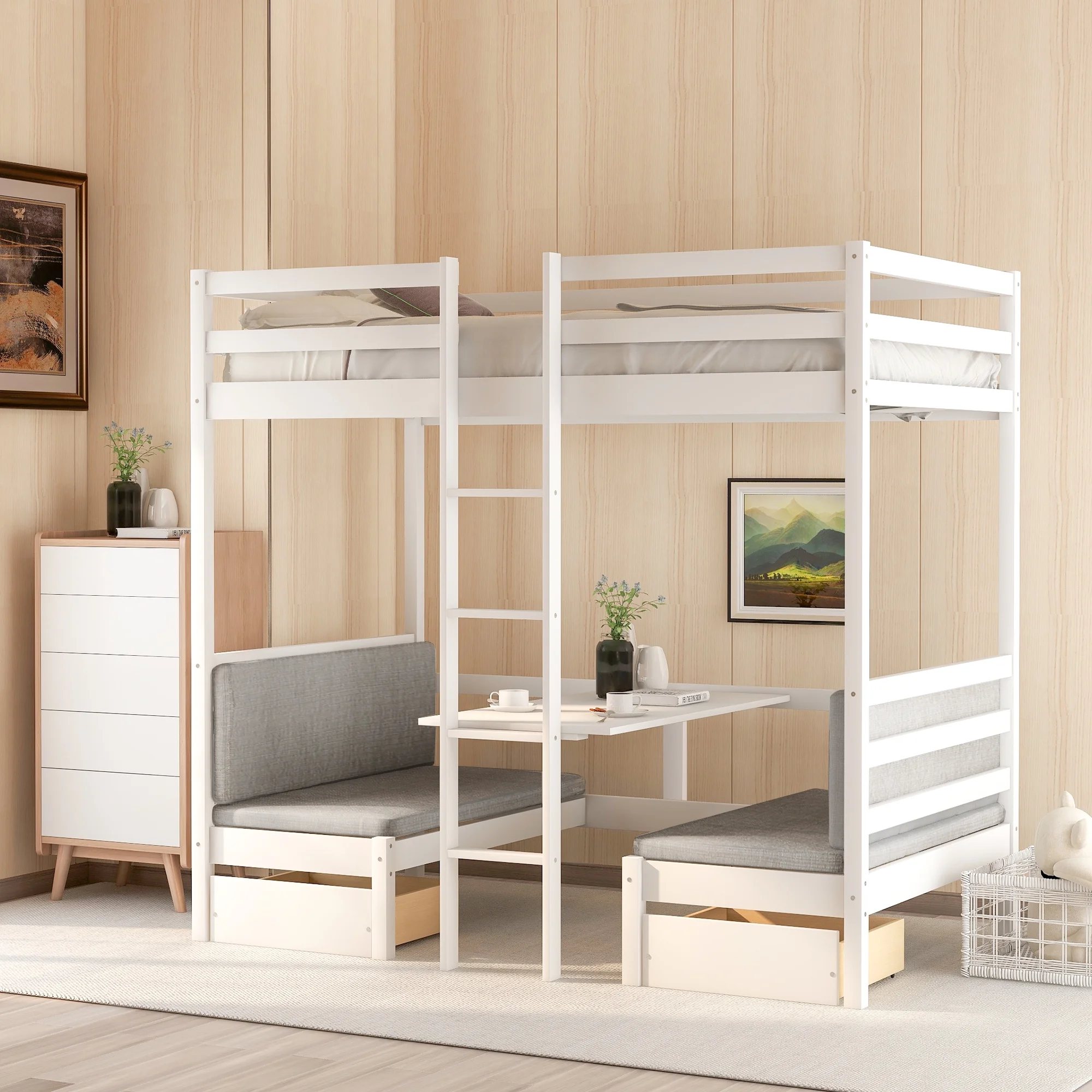 Euroco Solid Wood Convertible Twin over Twin Bunk Bed, Twin over Futon with Desk and Benches for Kids Room and Living Room, Cushion Sets Included, White