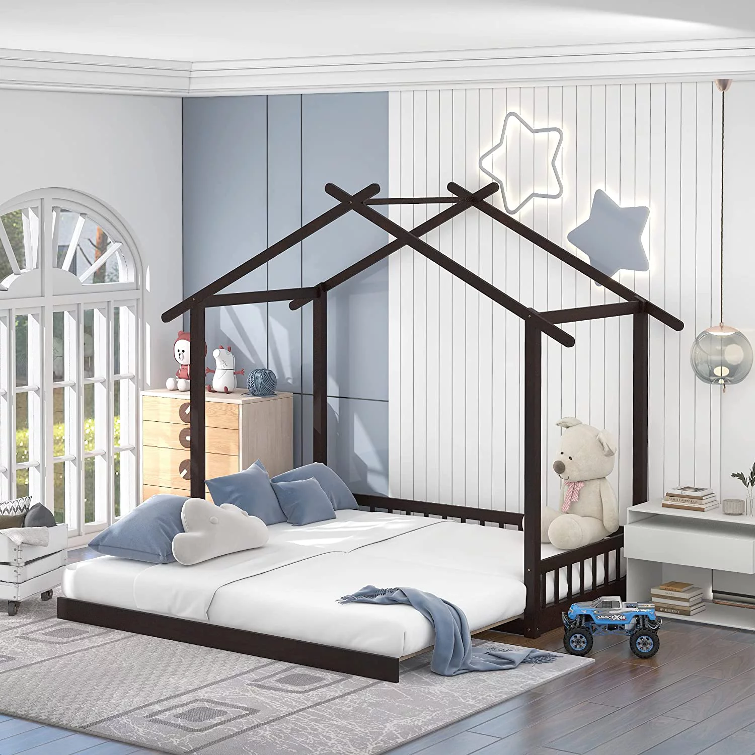 To King Design House Bed, Extending House Bed, Wooden Daybed For /Guest Room/Living Room, Espresso