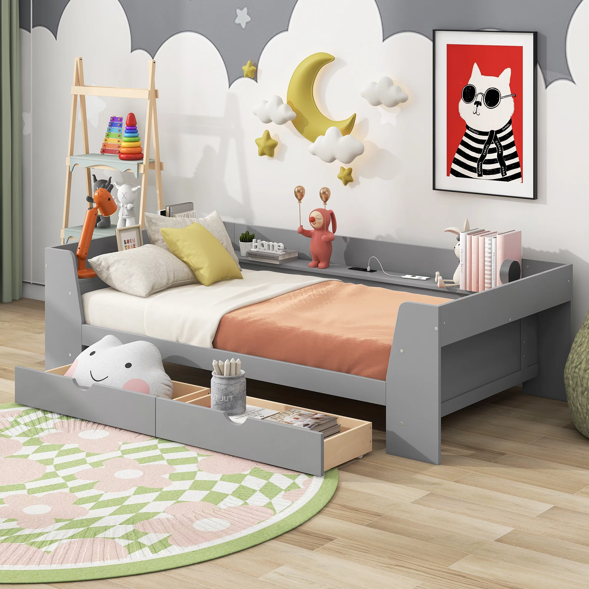 Euroco Twin Size Daybed with Shelf, Drawers and Charging Station, Gray