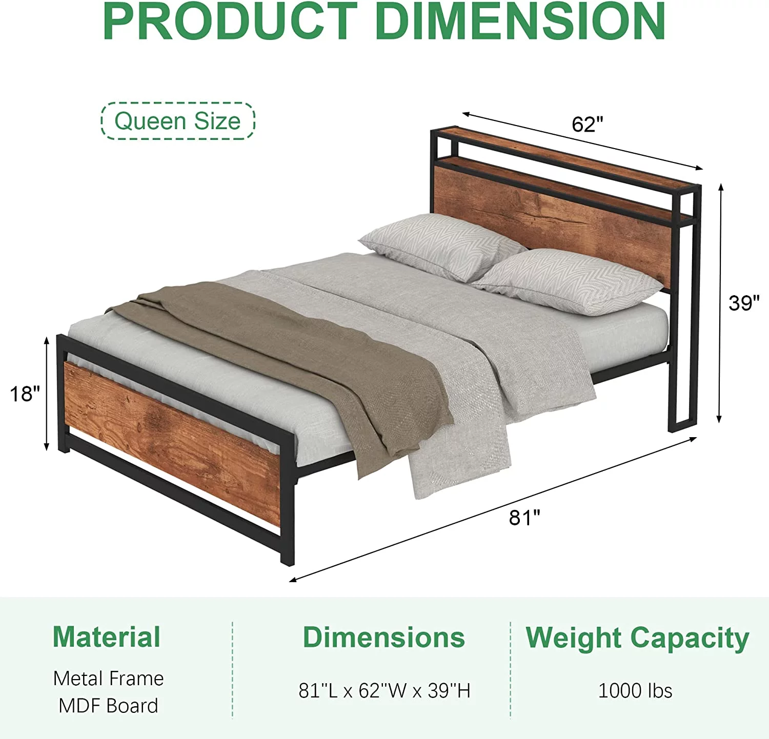 Frame  Osfvolr Industrial Metal Platform Bed Frame with 2 Tier Storage Wooden Headboard and Footboard  Large Under Bed Storage  Noise Free  No Box Spring Needed  Easy Assembly  Vintage Br