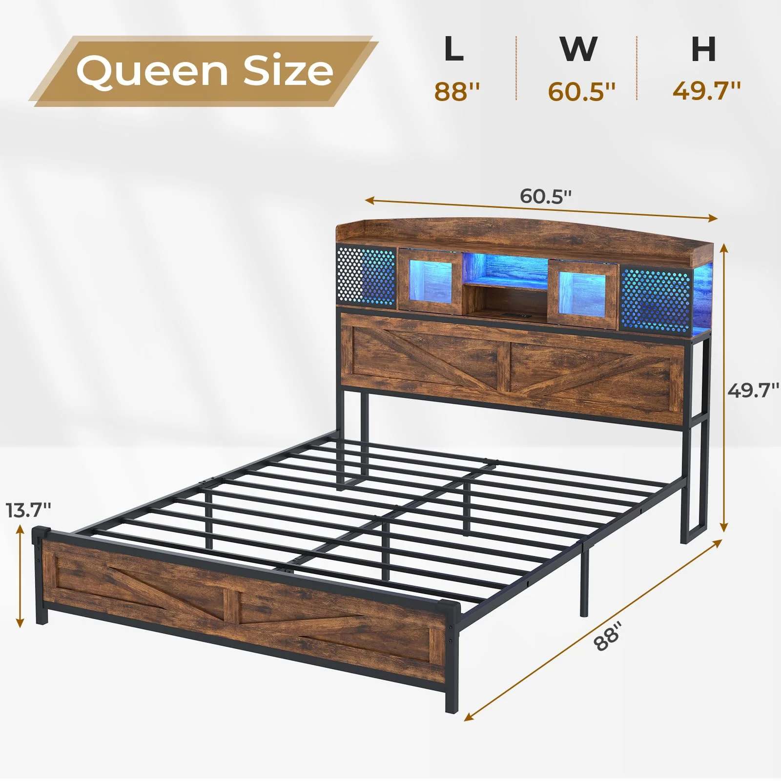 Afuhokles Queen Size Bed Frame with Charging Station, LED Platform Bed Frame with Shelf Headboard, Sliding Doors and Metal Slats Support, Rustic Brown