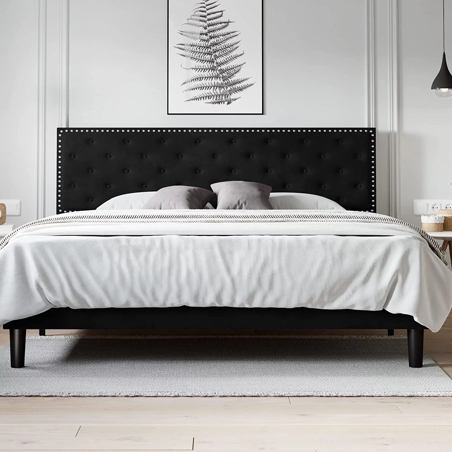 Allewie King Size Bed Frame, Velvet Upholstered Platform Bed with Adjustable Diamond Button Tufted & Nailhead Trim Headboard, Black