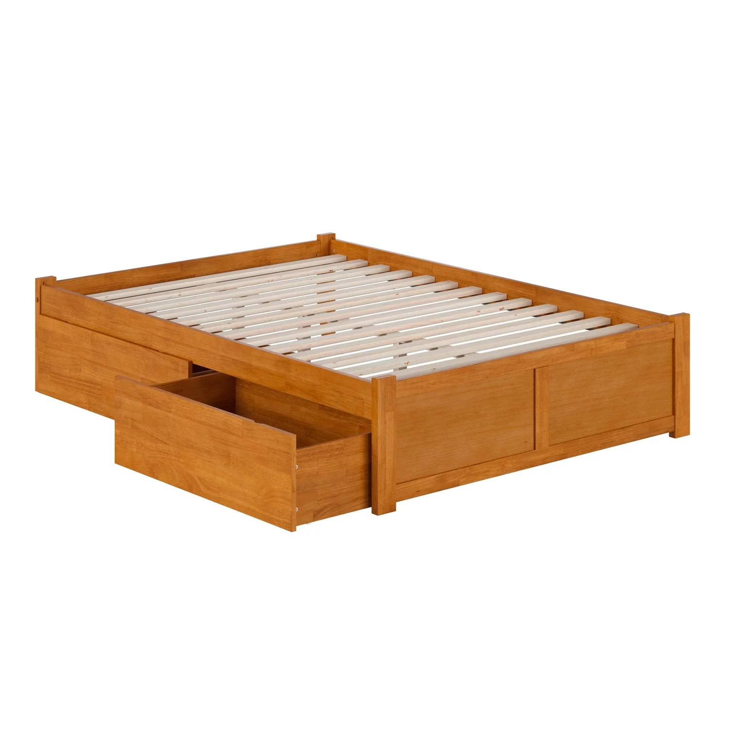 Concord Full Wood Platform Bed with Footboard and Drawers in Light Toffee