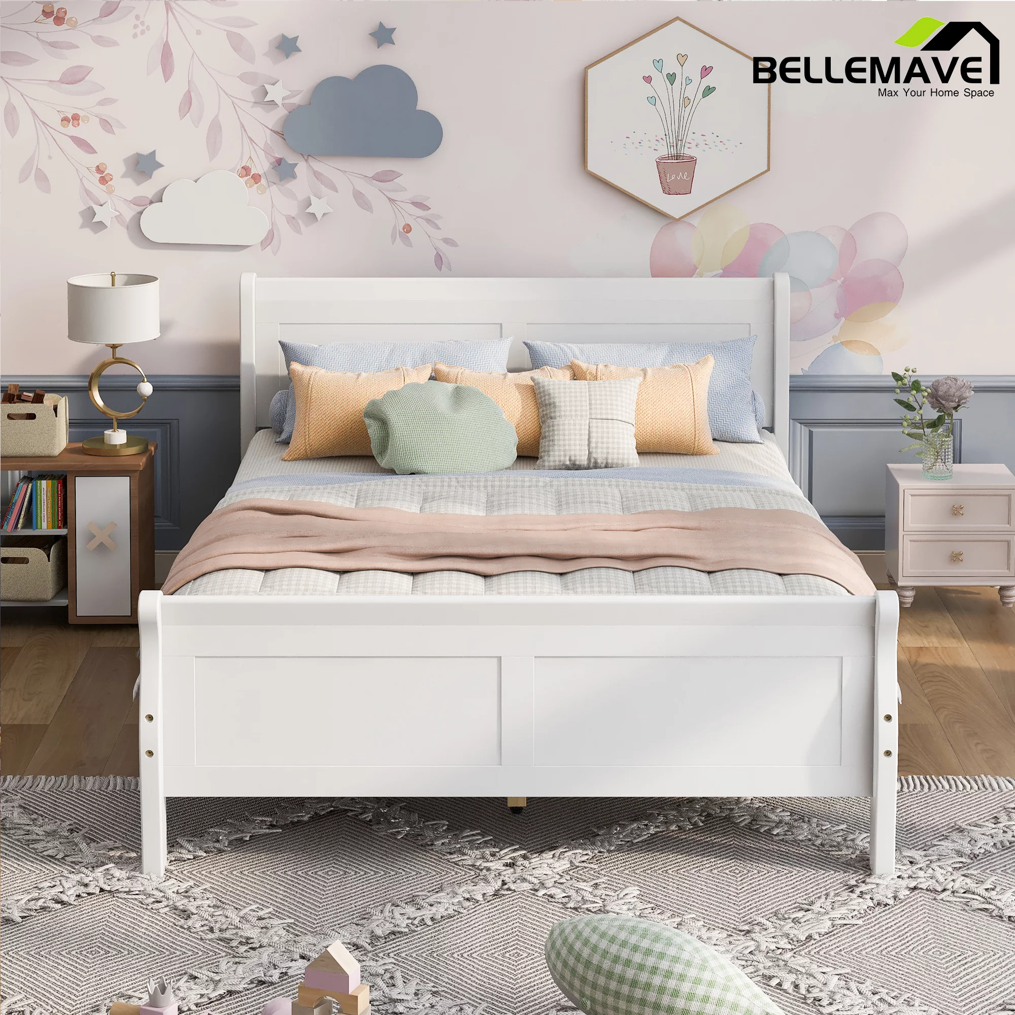 Queen Size Bed Frame with Headboard and Footboard, Kids Platform Bed Frame Queen Size, Modern Platform Bed Frame for Kids, Girls, Boys(White)