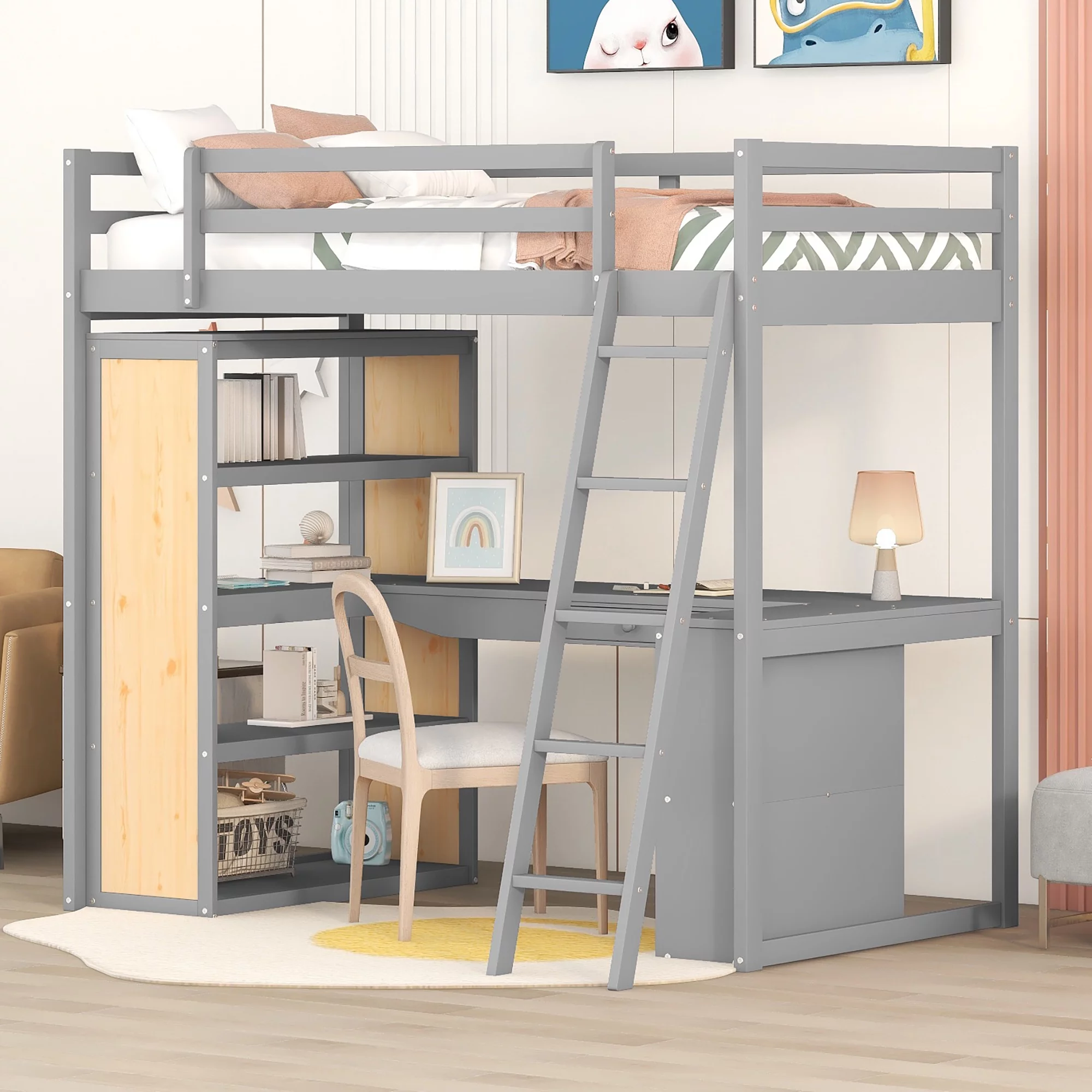 Twin Wood Loft Bed with Ladder and Guard Rail, Loft Bed with Storage Shelves and Drawer, Loft Twin Bed with Desk for Teenagers, Multiple Functions Bed for Girls Boys(Gray)