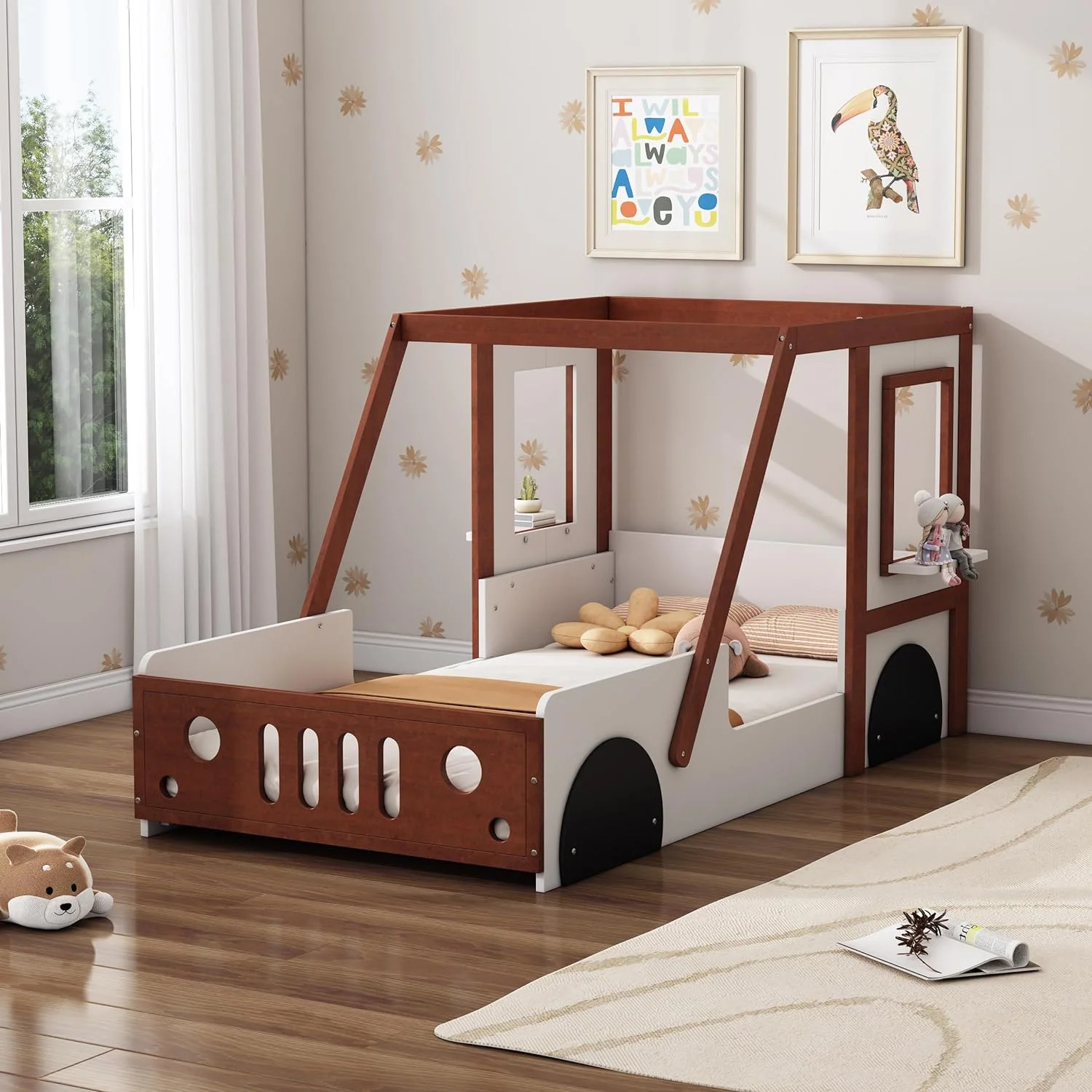 Size Car Bed Frame For Kids, Wood Motessori Floor Bed, Platform Bed With Wheels & Door Desig, Fu Play Bed For Boys Girls Kids Bedroom, White Ad Orage