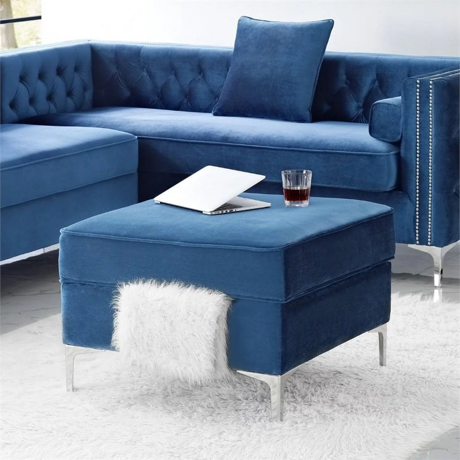 Posh Living Levi Tufted Velvet Storage Ottoman with Chrome Legs in Navy Blue