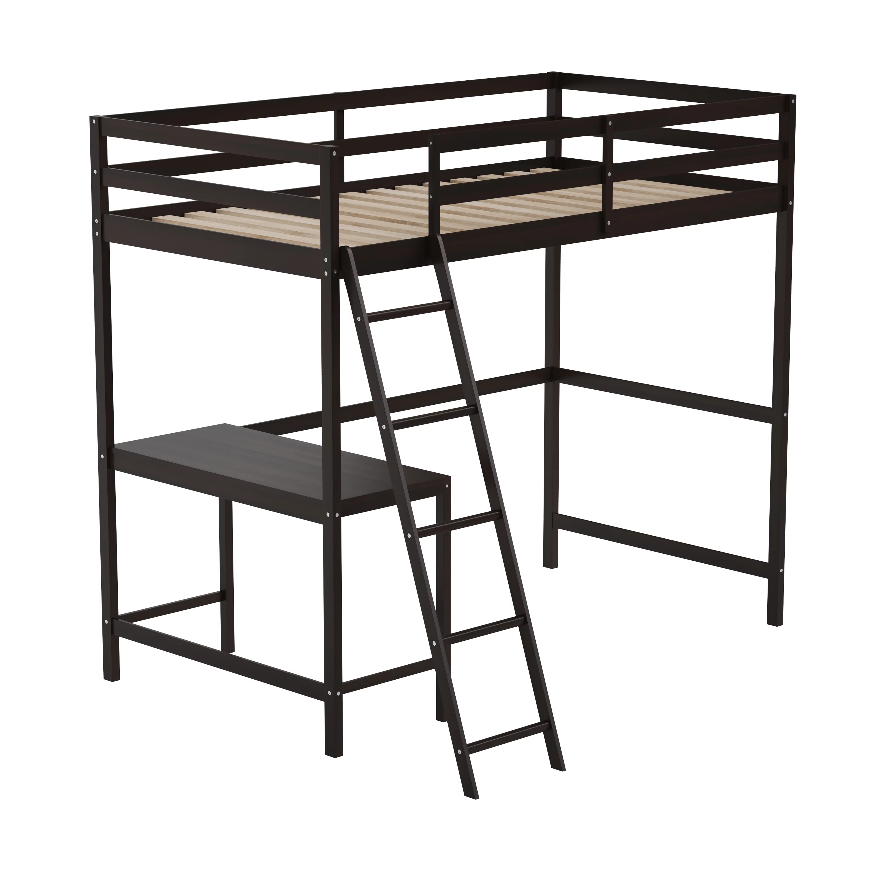 Emma + Oliver Twin Wood Loft Bed Frame with Protective Guardrails and Integrated Desk and Ladder in Espresso for Use with Any 6-8