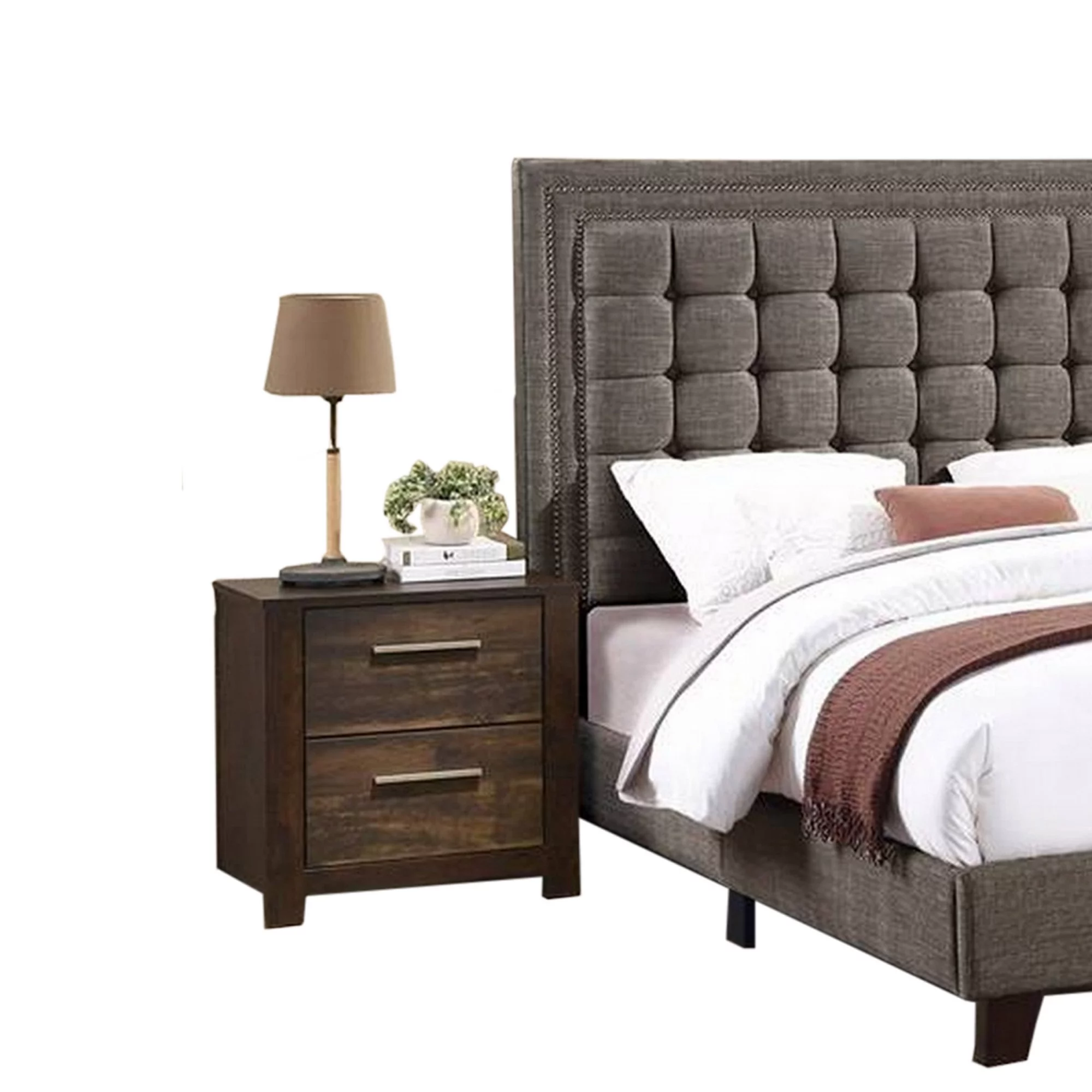 Benjara Zofi Modern Queen Size Bed, Deep Square Tufted Upholstery, Taupe Polyester