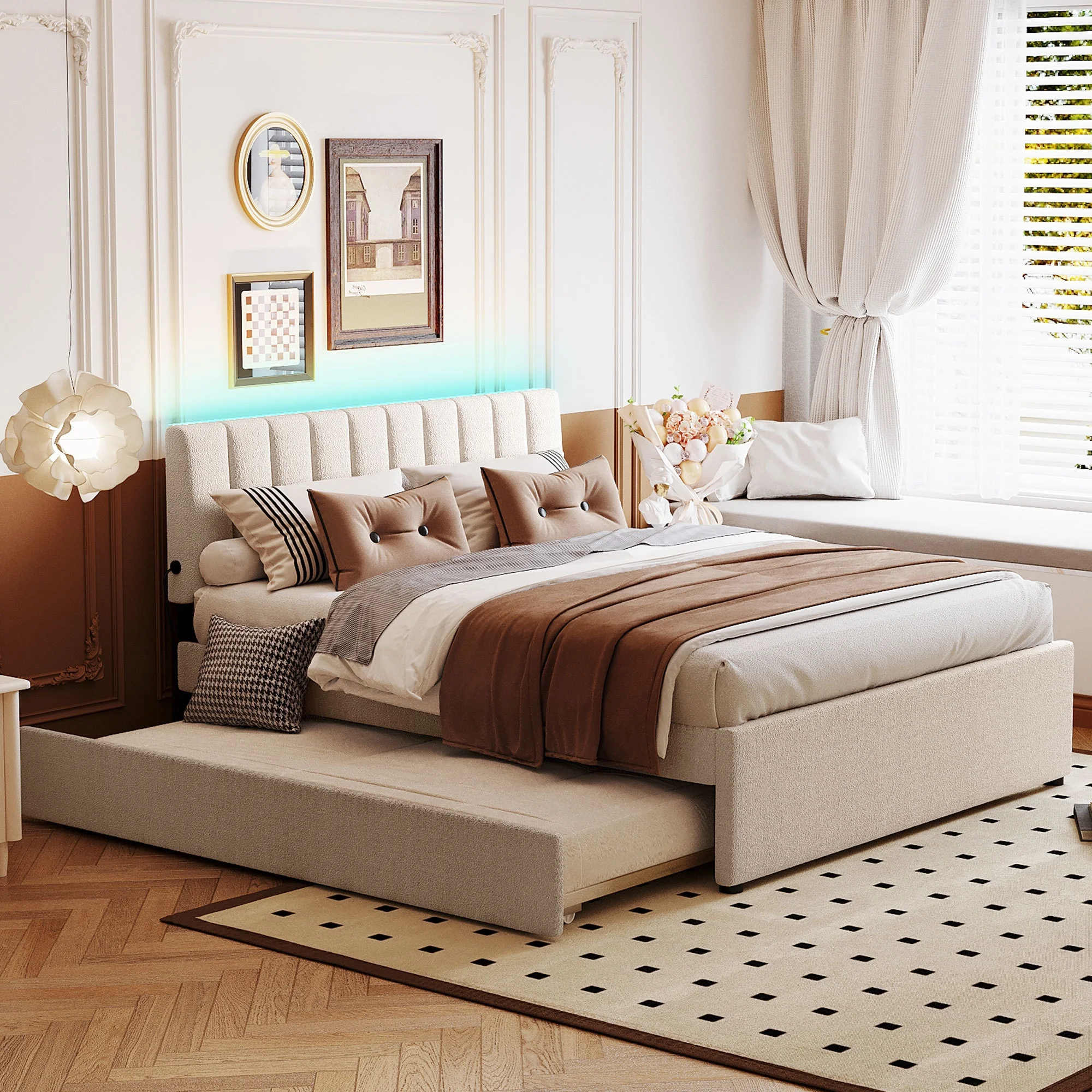 Queen Size Teddy Fleece Upholstered Bed with Trundle - Beige