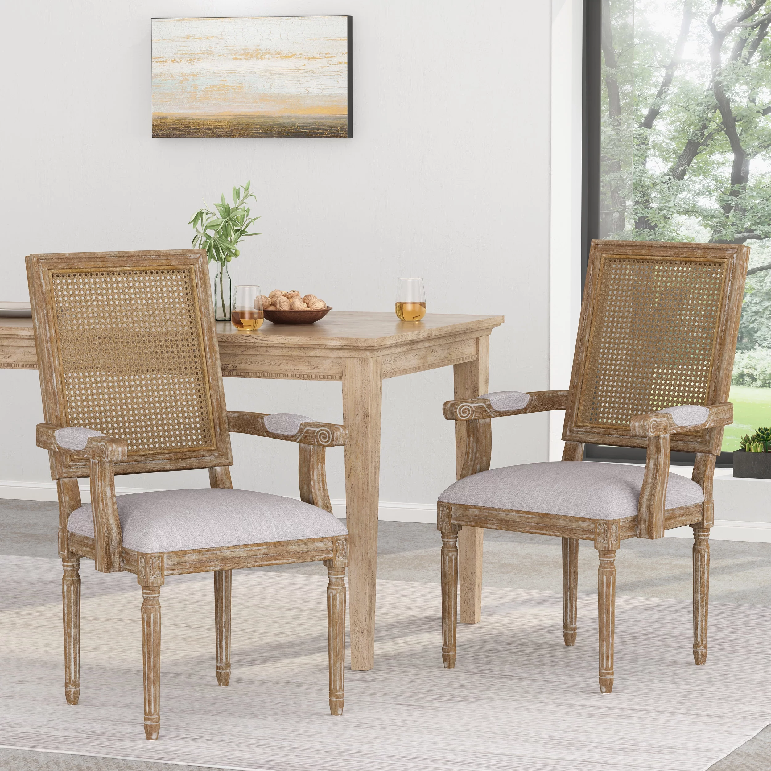 Noble House Aisenbrey Indoor French Fabric Upholstered Dining Chair, Set of 2, Light Gray