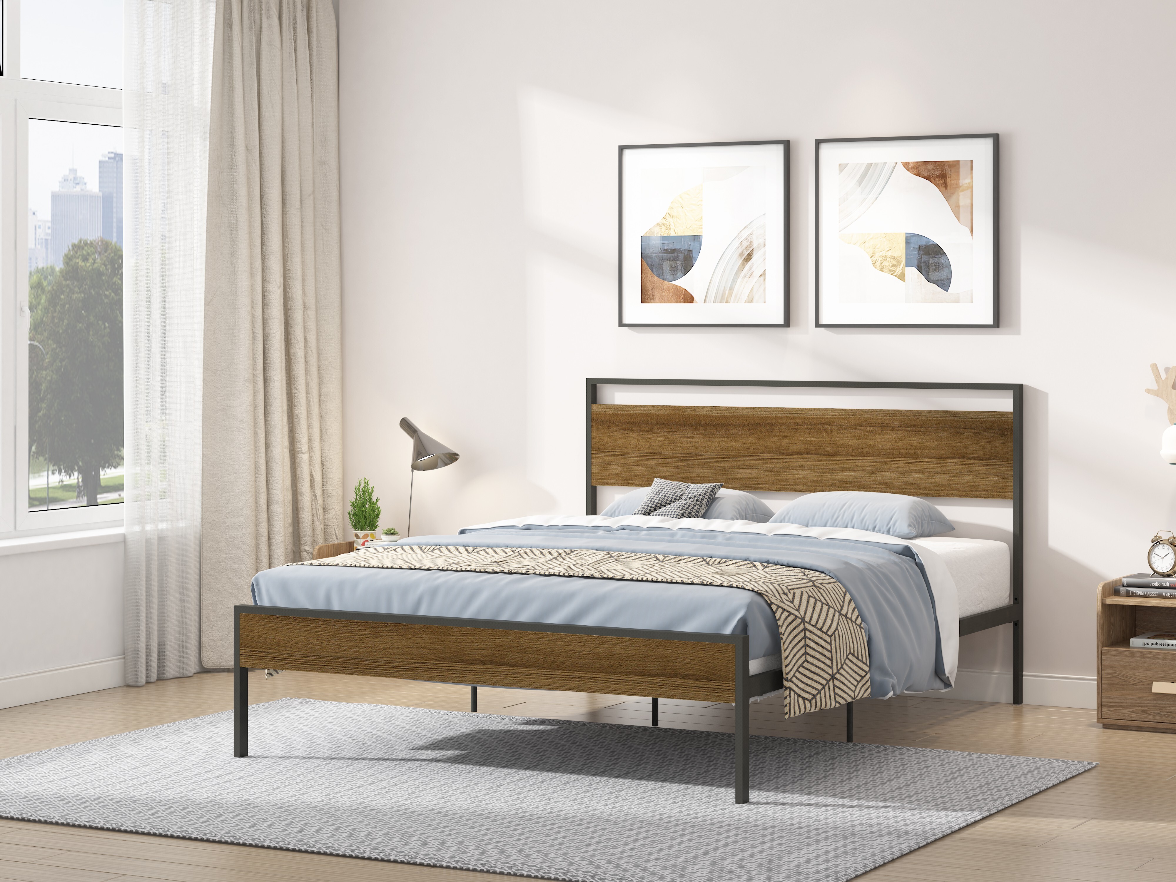 Queen Size Platform Bed Frame with Ceres Metal Design Cinnamon Wood Headboard & Footboard, Modern Bedframe-Black