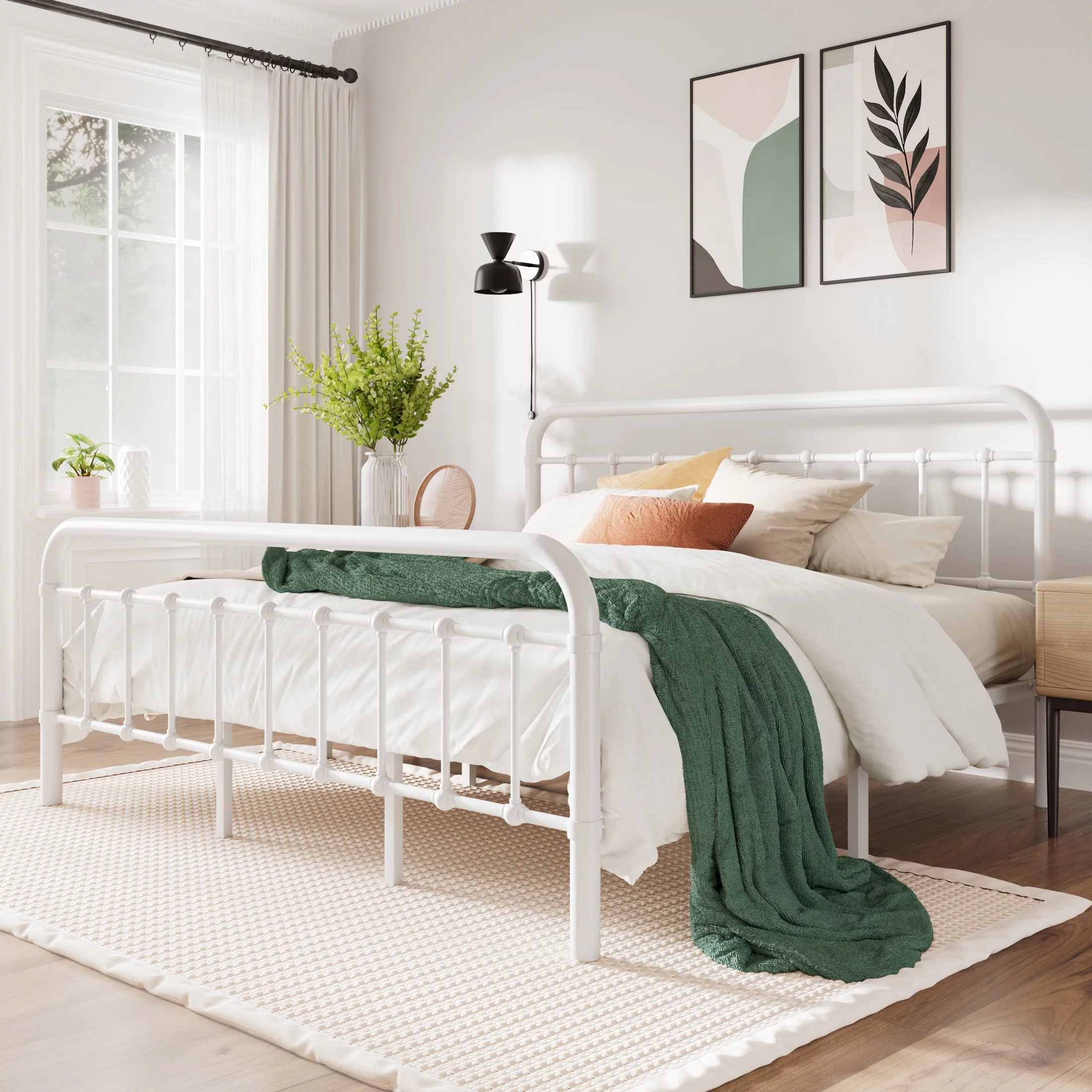 Amolife King Size Metal Platform Bed Frame with Vintage Headboard&Footboard, White