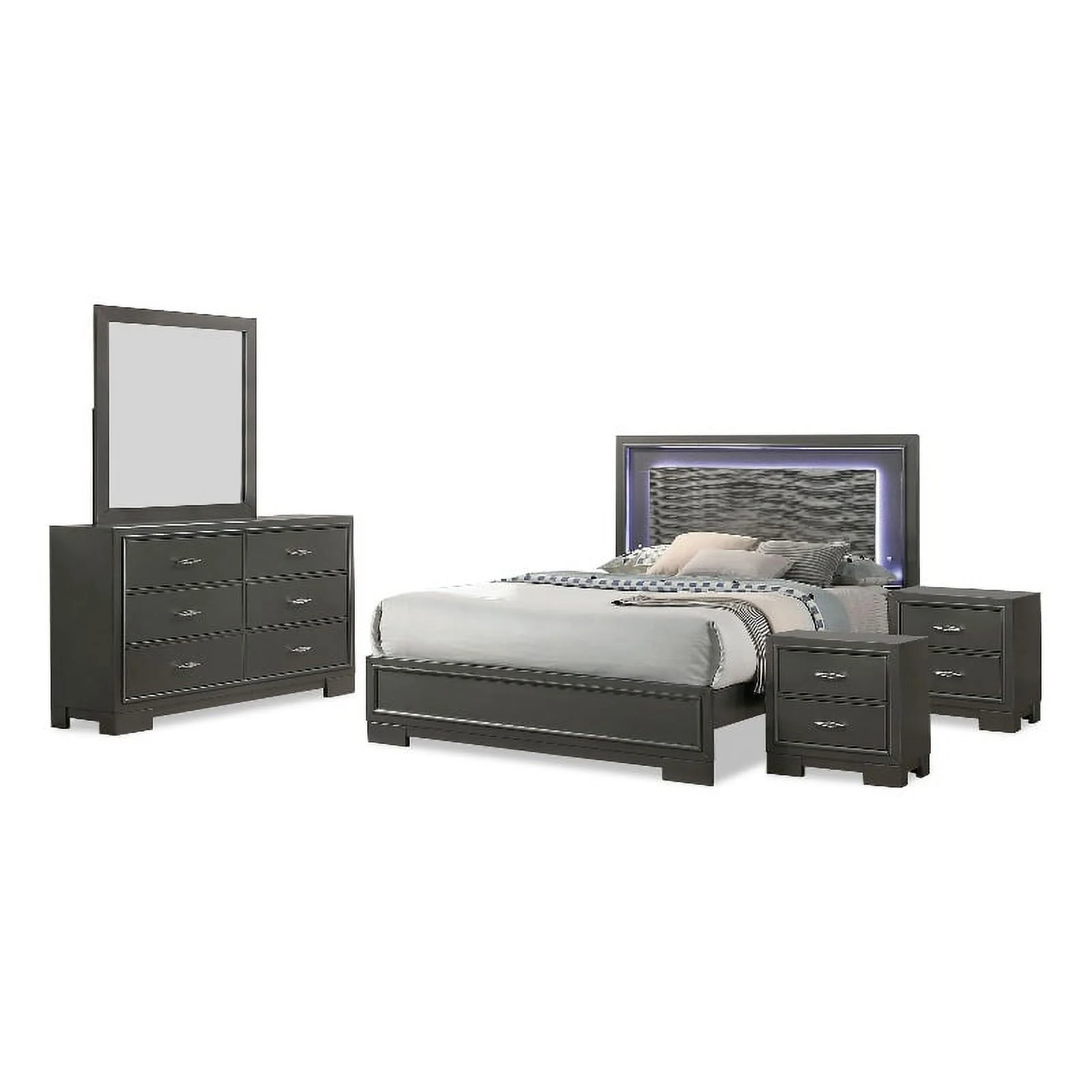 FOA Santi 5pc Gray Wood Bedroom Set - King + 2 Nightstands + Dresser + Mirror