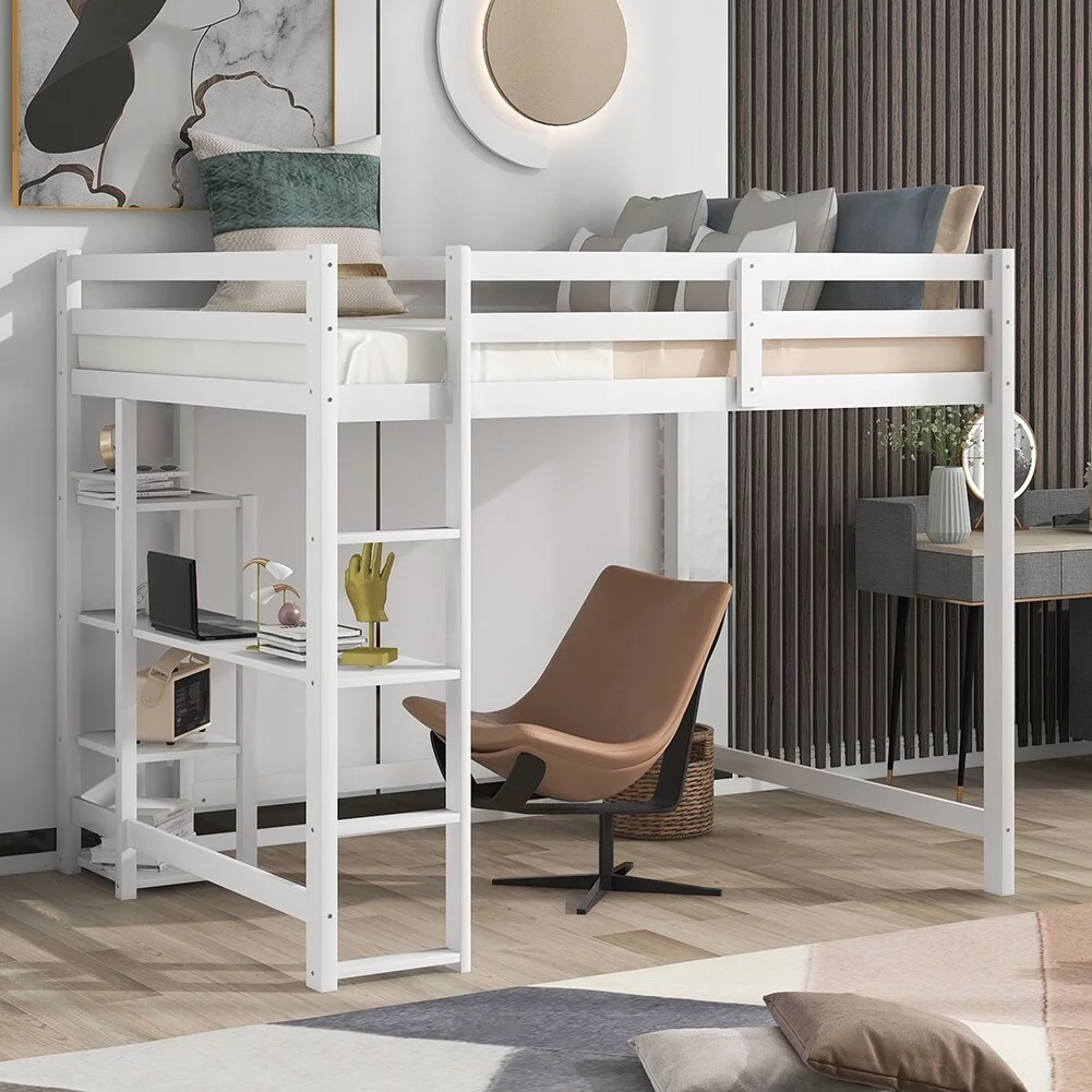 Full Size Loft Bed with Built-in Desk and Shelves Grey