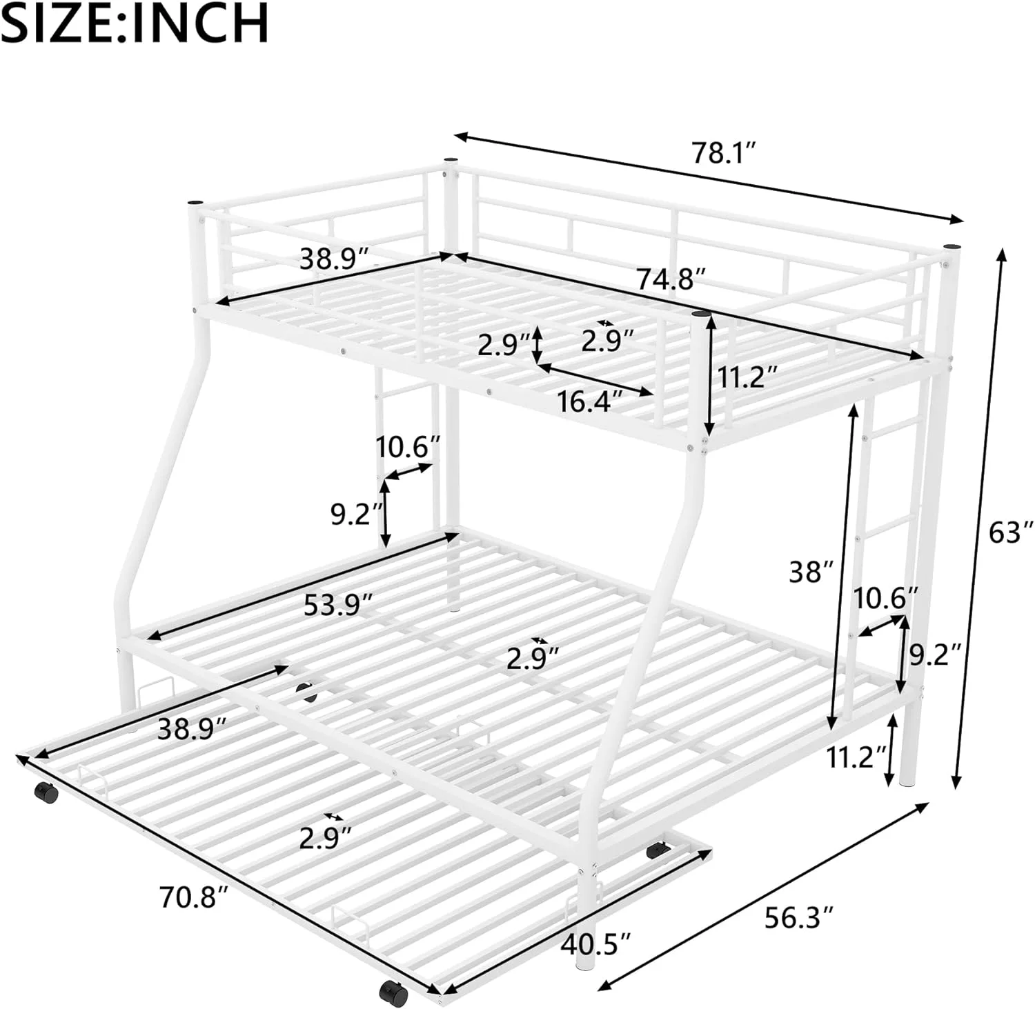 YGDU Twin Over Full Bunk Bed with Sturdy Steel Frame, Bunkbed with Twin-Size Trundle, Two-Side Ladders for Kids Teens Bedroom