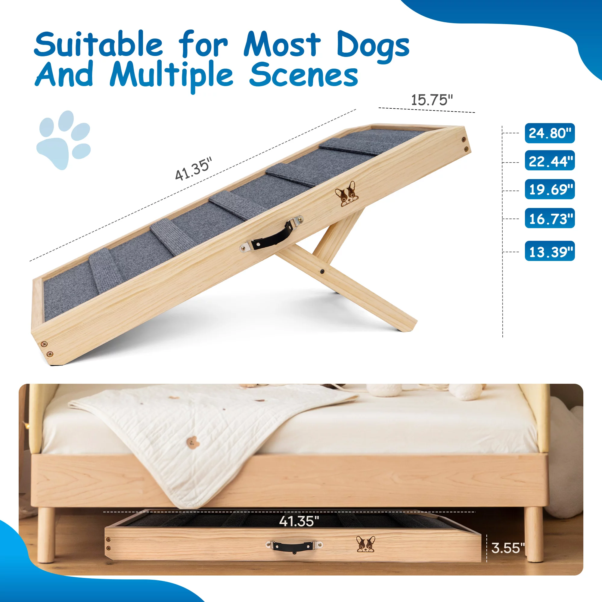 25'' Tall Adjustable Dog Pet Ramp Portable for All Dogs Cats & for Couch, Sofa, Bed & Car, Supports up to 220 lbs, Carrying Bag Included, 5 Level Height from 13''-25'', Non-Slip Paw-Friendly Carpet