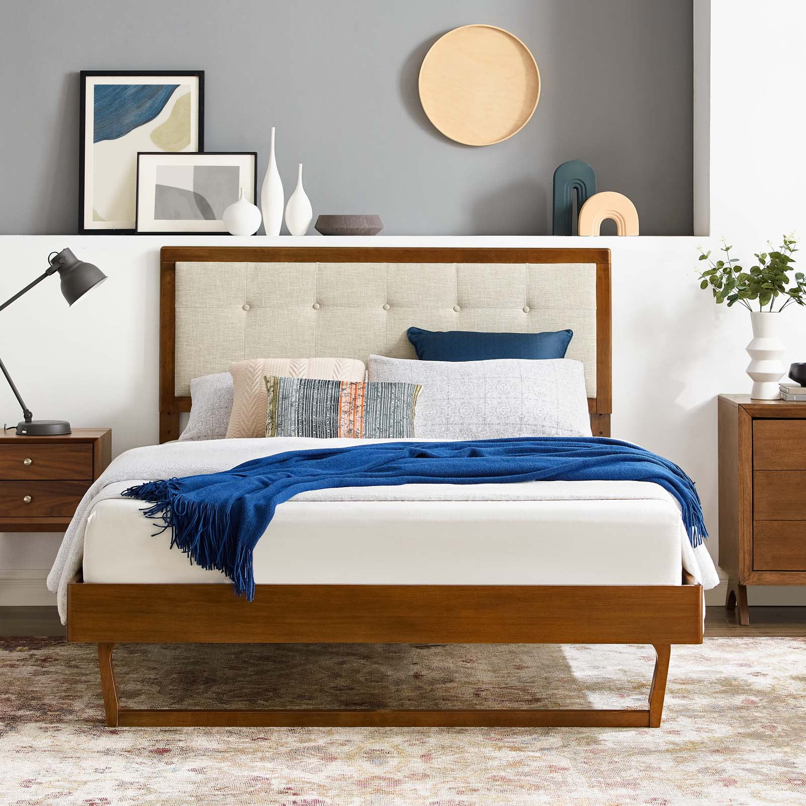 Platform Bed Frame, King Size, Wood, Brown Walnut Beige, Modern Contemporary Urban Design, Bedroom Master Guest Suite