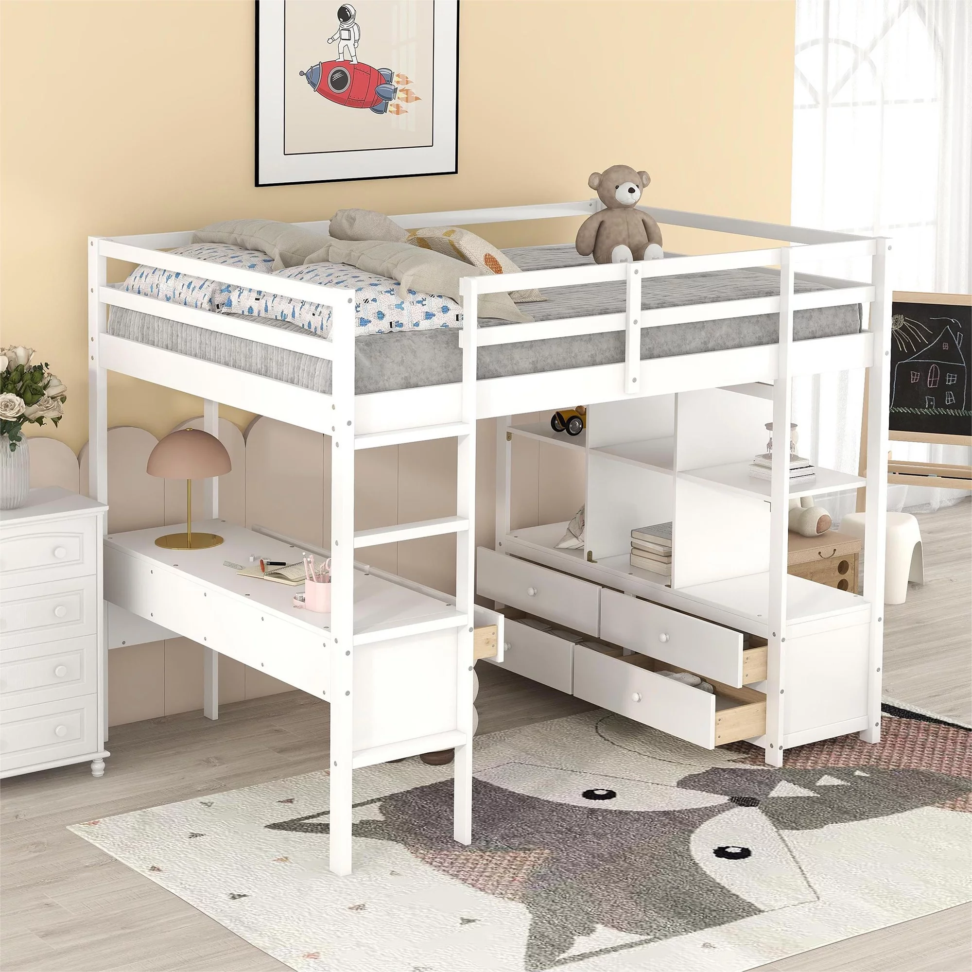 Euroco Full Size Wood Loft Bed with Desk, Drawers and Shelf for Kids Room, White