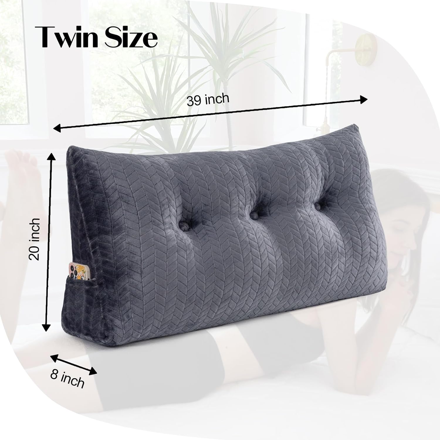 Large Bolster Triangular Headboard Pillow + A Neck Roll Pillow Large Reading Pillow Bed Wedge Pillow for Headboard Backrest Positioning Support Queen King with Removable Cover Twin 39*8*20