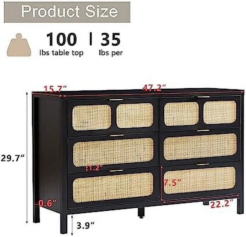 CCBIUOMBO 6 Drawer Dresser for Bedroom  Rattan Dresser Drawer Organizer with Metal Handles  Accent Wood Chest of Drawers for Entryway  Closet  Living Room  Hallway  Nursery (Walnut)