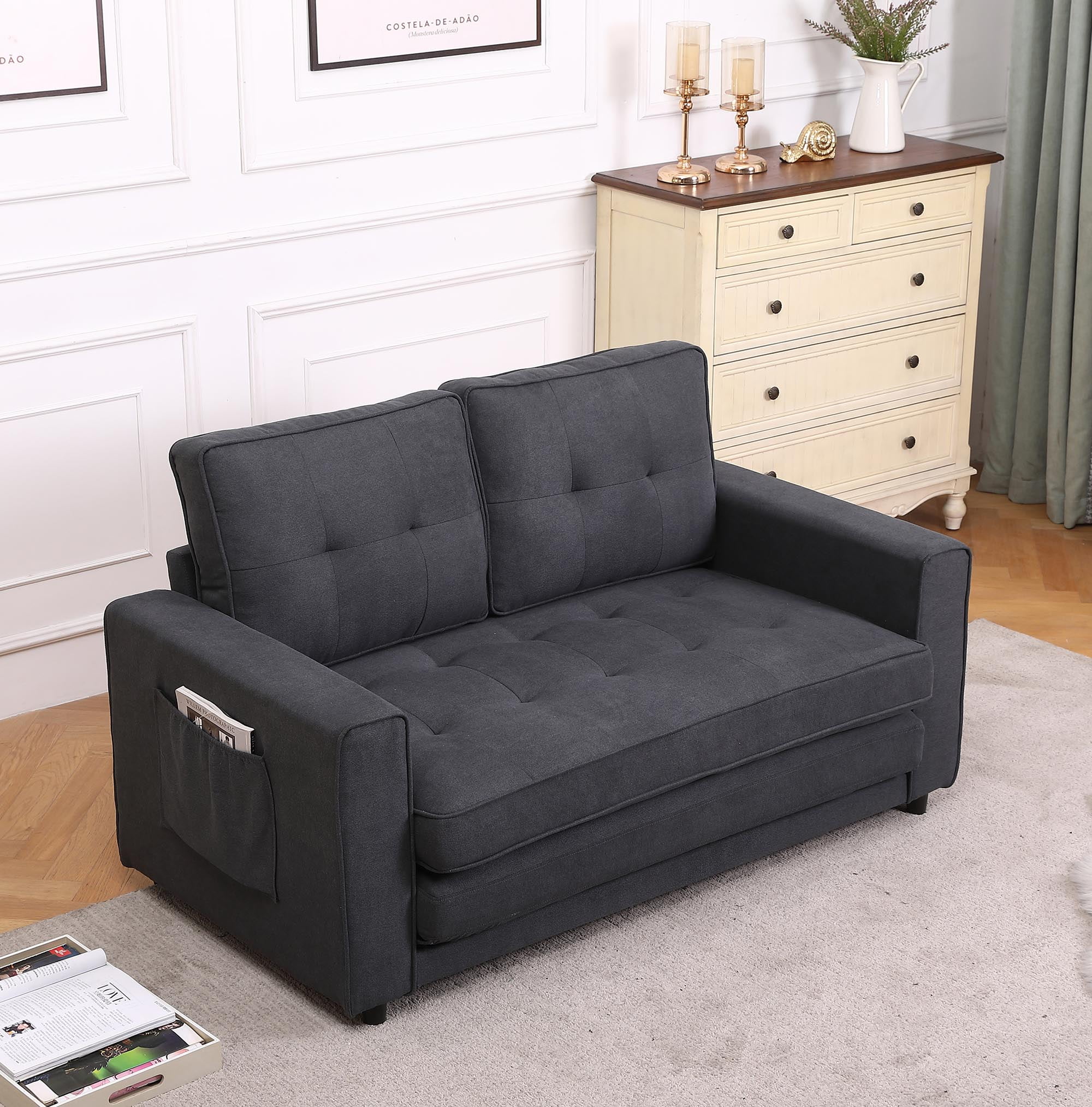 3-in-1 Upholstered Futon Sofa Convertible Floor Sofa bed,Foldable Tufted Loveseat with Pull Out Sleeper Couch Bed,Folding Mattres Love Seat Daybed W/Side Pockets for Living Room