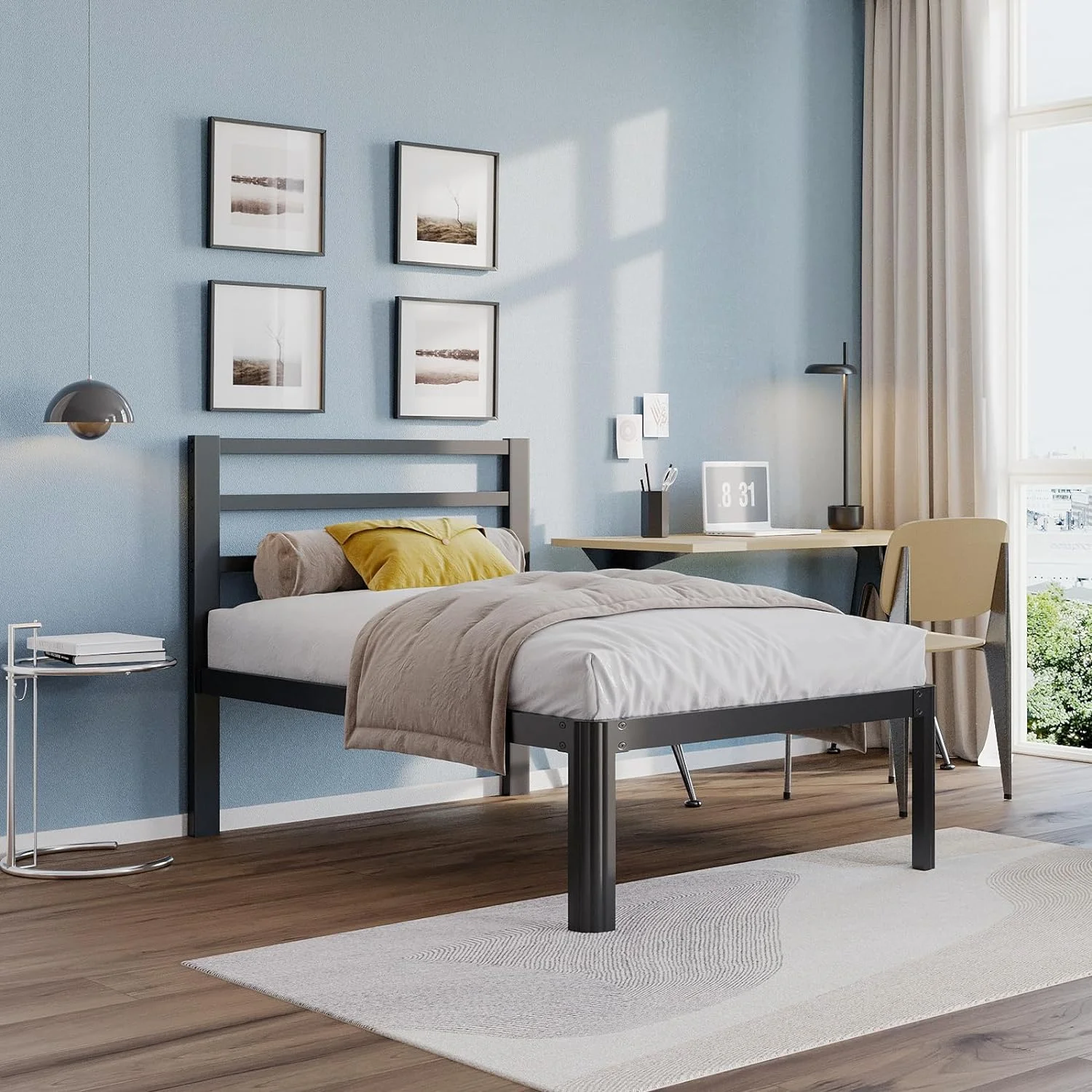 Twin XL Bed Frames with Headboard, 14 Inch Heavy Duty Meta Bed Frame No Box Spring Needed, Round-Corner Leg Design Mattress Foundation, Easy Assembly, Noise Free, Black