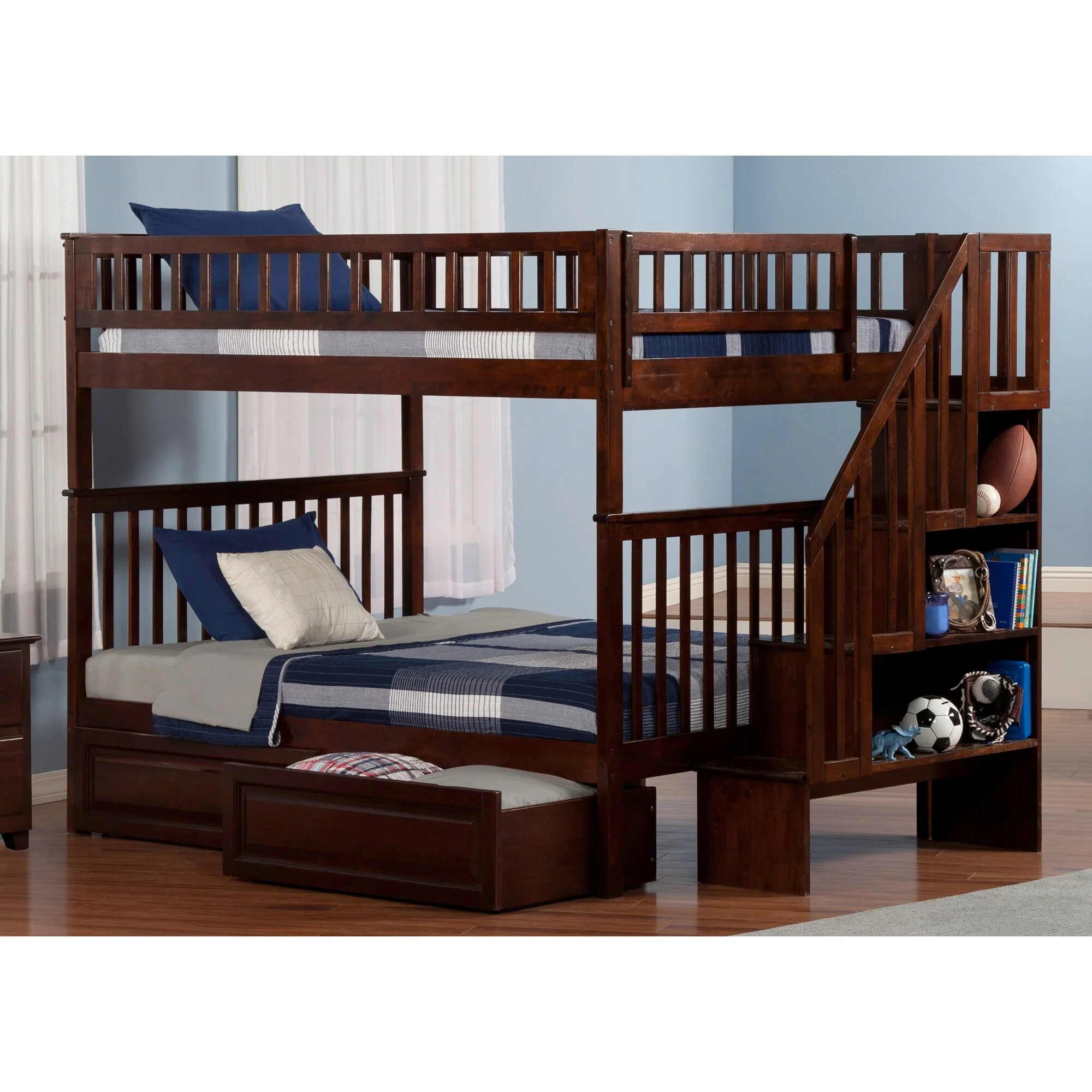 Woodland Staircase Bunk Bed Full over Full with 2 Raised Panel Bed Drawers in Walnut