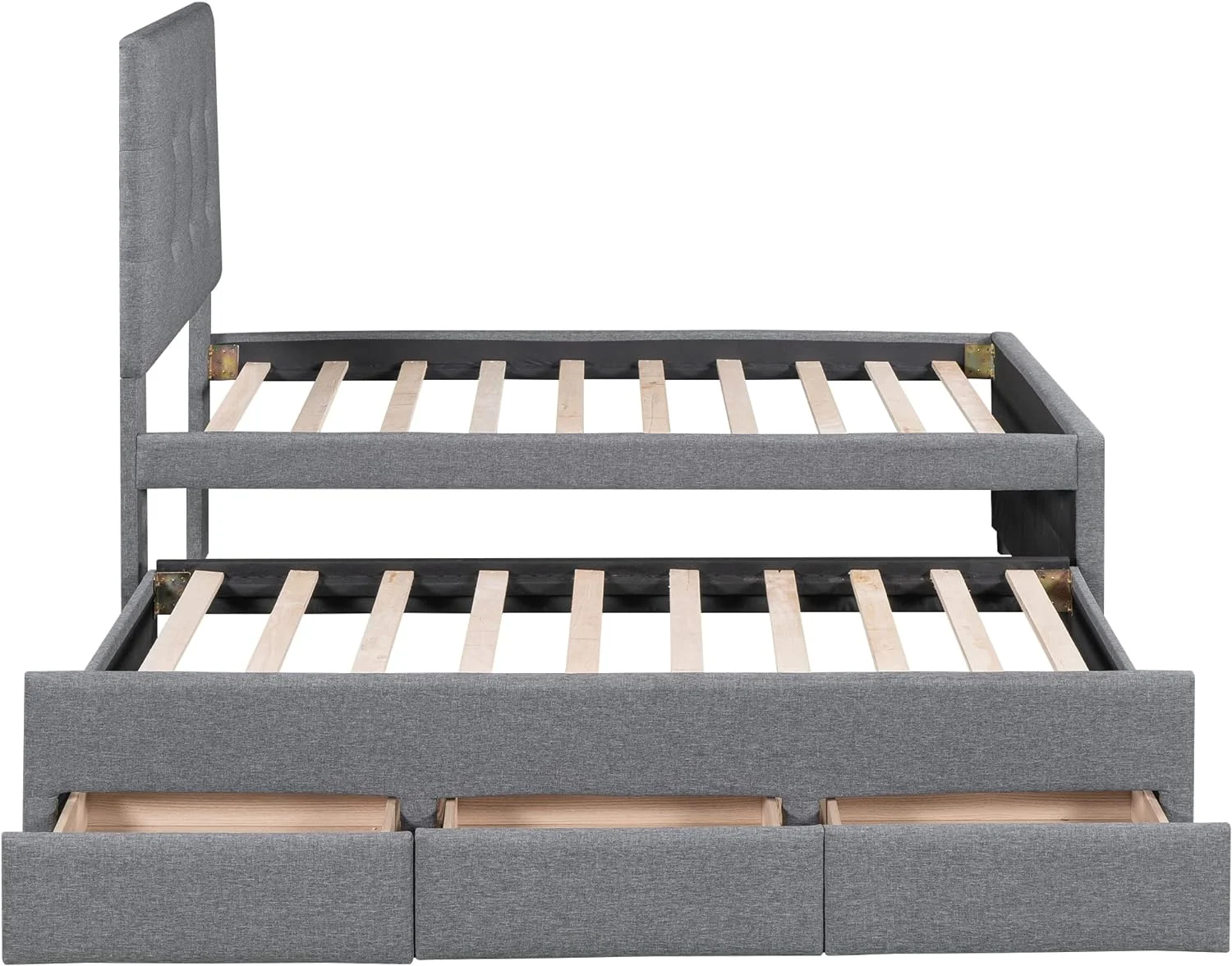 Twin Size Upholstered Platform Bed with Pull-Out Trundle and 3 Drawers,Solid Wood Bedframe for Teens Adult,Noise Free,No Box Spring Needed