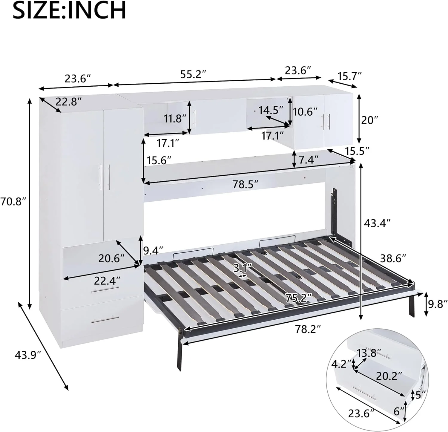 Size Murphy Bed With Open Shelves And Storage Drawers, Built-In Wardrobe And Table, White