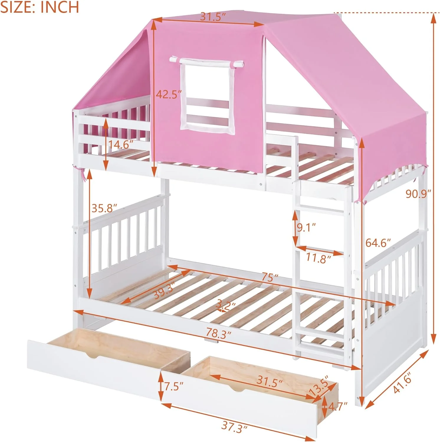 House Buk Bed Wih Sorage, Over Buk Bed Wood Frame Wih e Ad Drawers, Ca Be Separaed, oise , Easy Assembly, Whie+ e