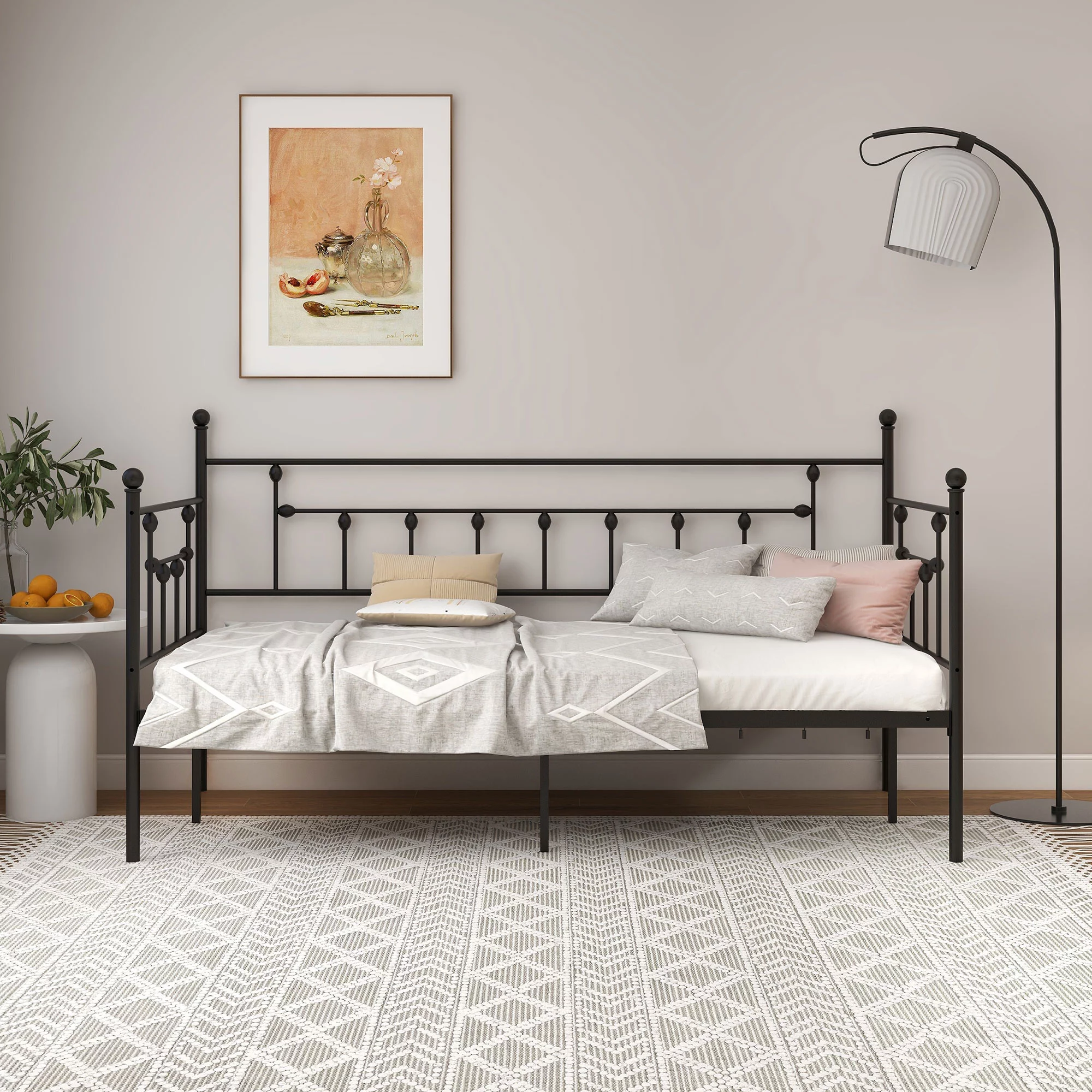 NNV Victorian Black Metal Twin Daybed, Metal Bed Frame, Mattress Foundation