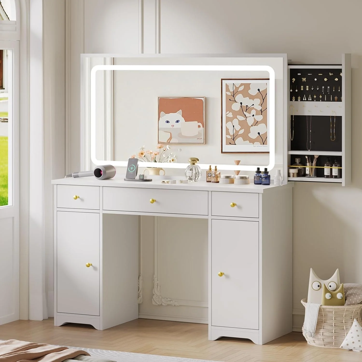 Makeup Vanity Desk with Large Mirror&LED Lights&Charging Station, Modern Vanity Dressing Table with Sliding Jewelry Cabinet&3 Drawers for Women Girls, White